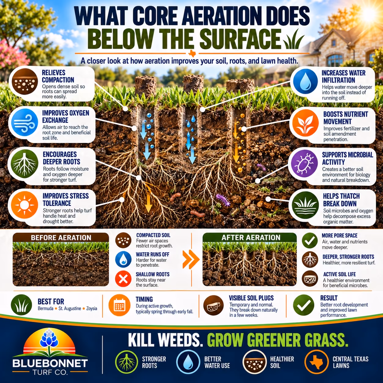Bluebonnet Turf Co. core aeration for stronger healthier lawns  
