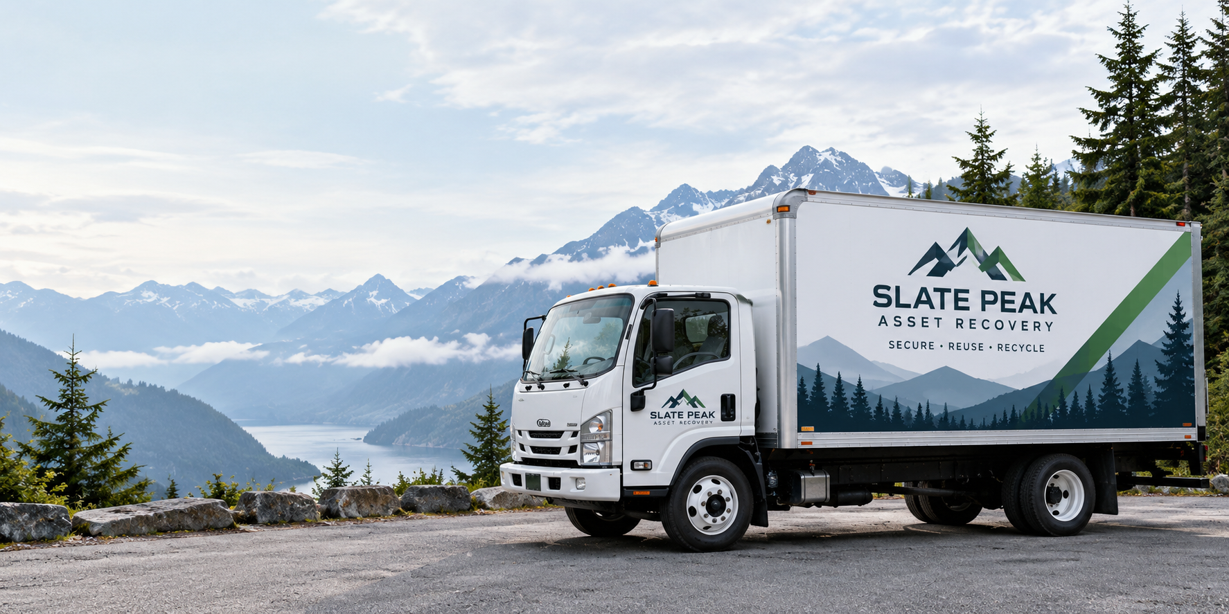 Slate Peak branded truck in a mountain setting