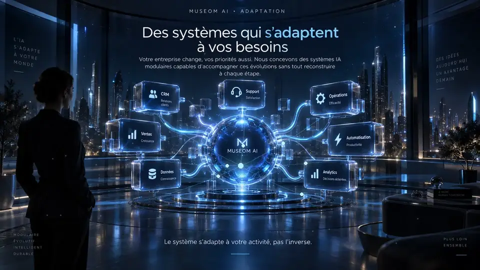 Animation MUSEOM AI montrant un système qui s’adapte aux besoins de l’entreprise