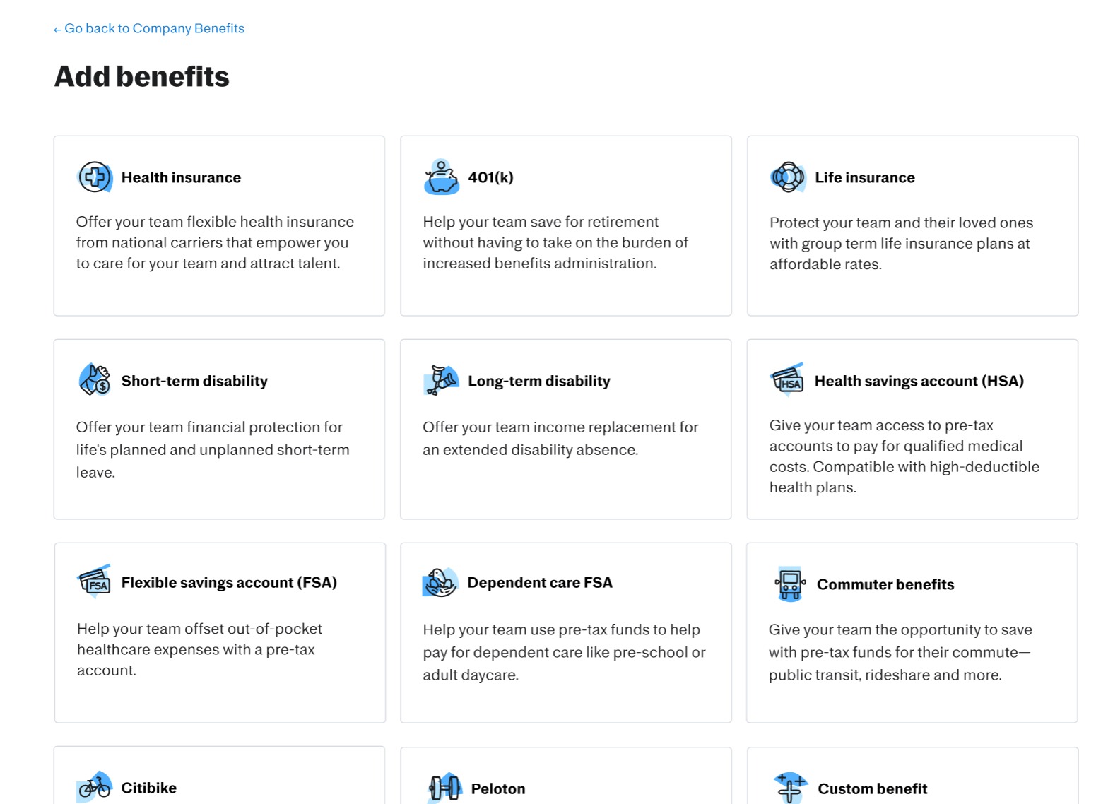 Justworks dashboard displaying benefits options