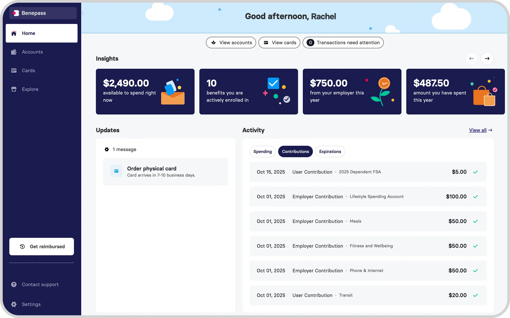 A look at the employee-facing “Home” tab in Benepass, showing key insights, updates, and activity