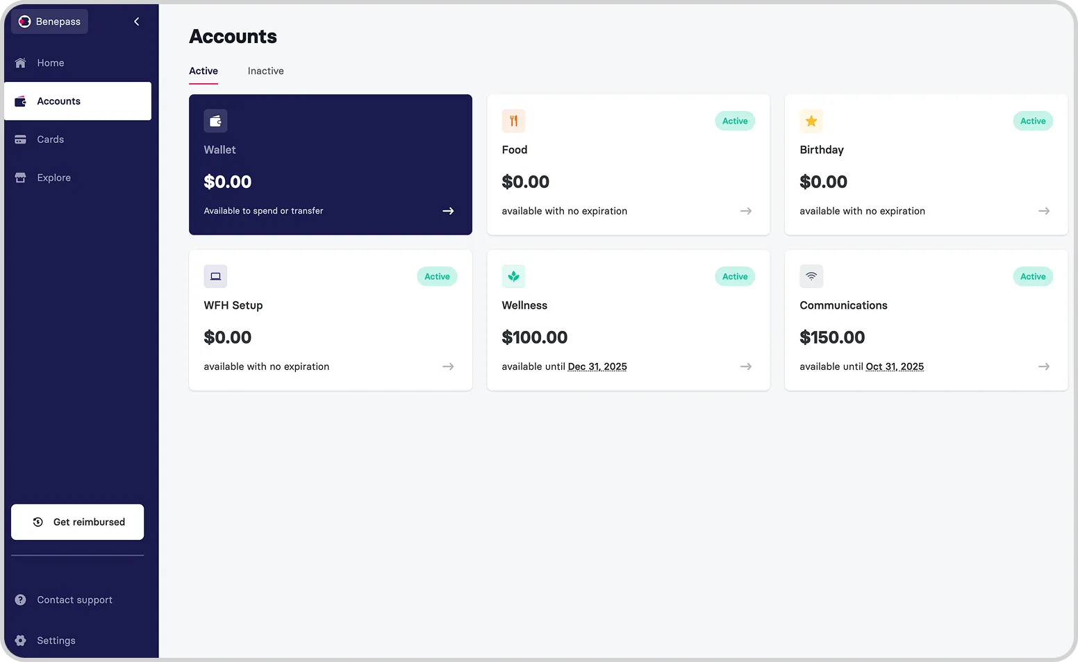 An employee-facing “Accounts” page within Benepass, showing fund accounts for food, birthday expenses, WFH setup, wellness, and communications