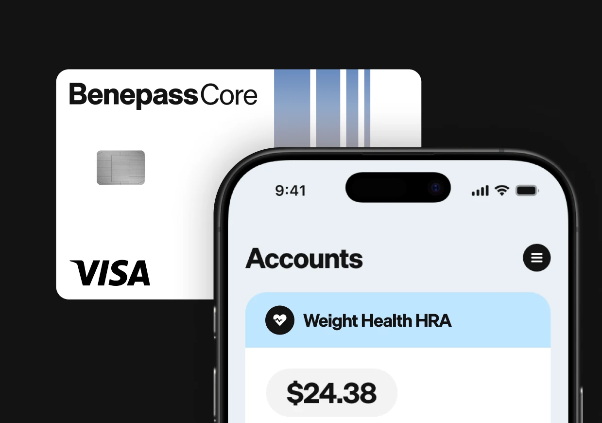 Circular icons for benefit categories including dental, childcare, wallet, wellness and dining