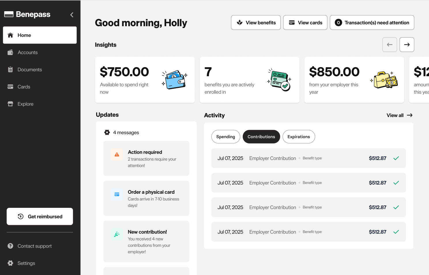 Benepass account dashboard with benefit options