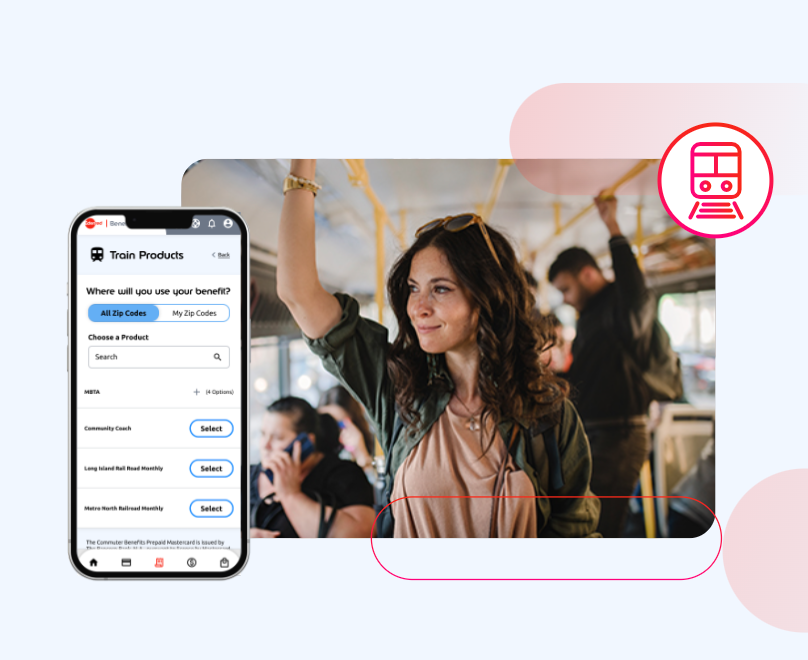 Woman on train next to Edenred dashboard on smartphone