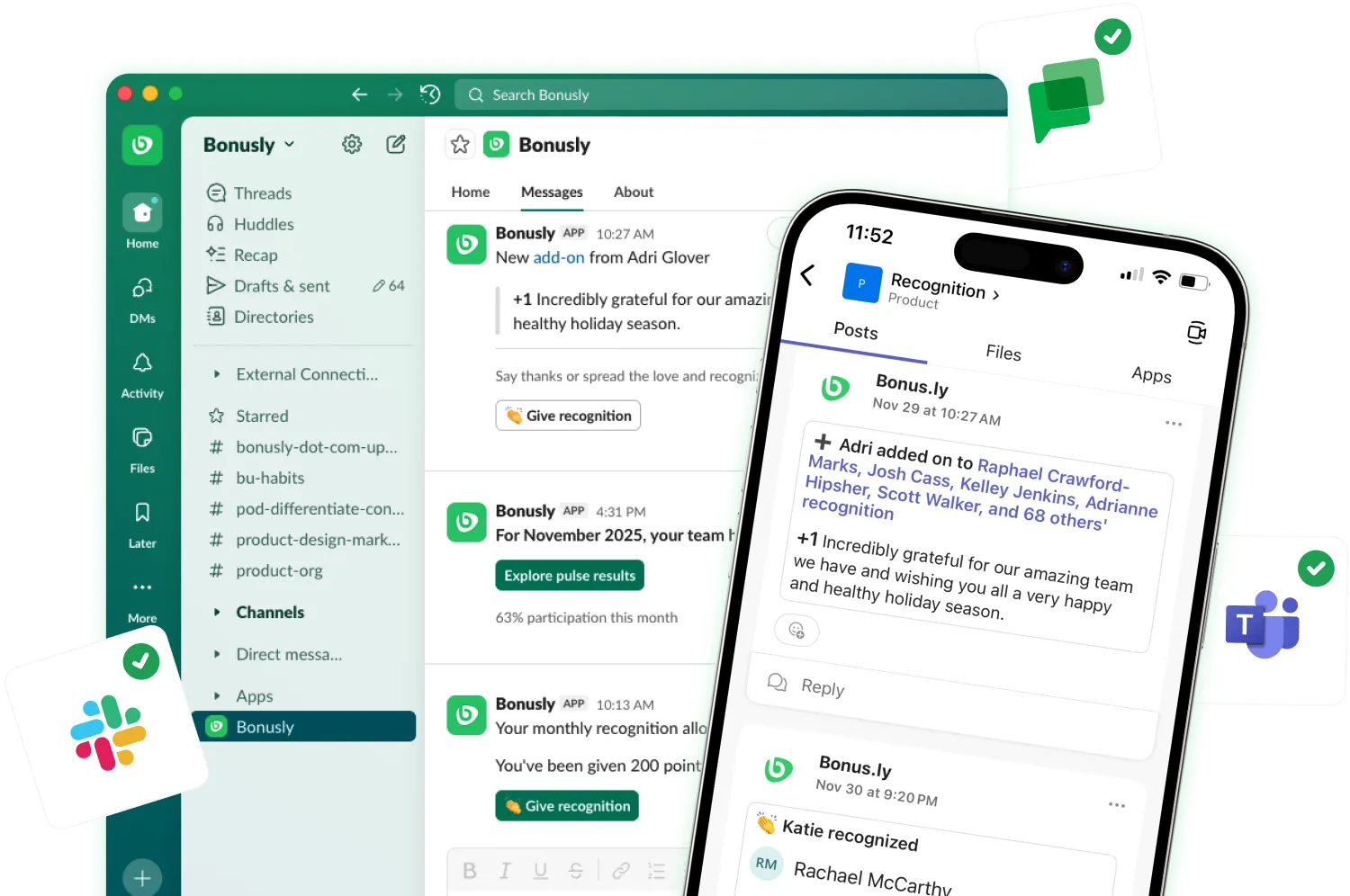 Bonusly’s platform on desktop and mobile