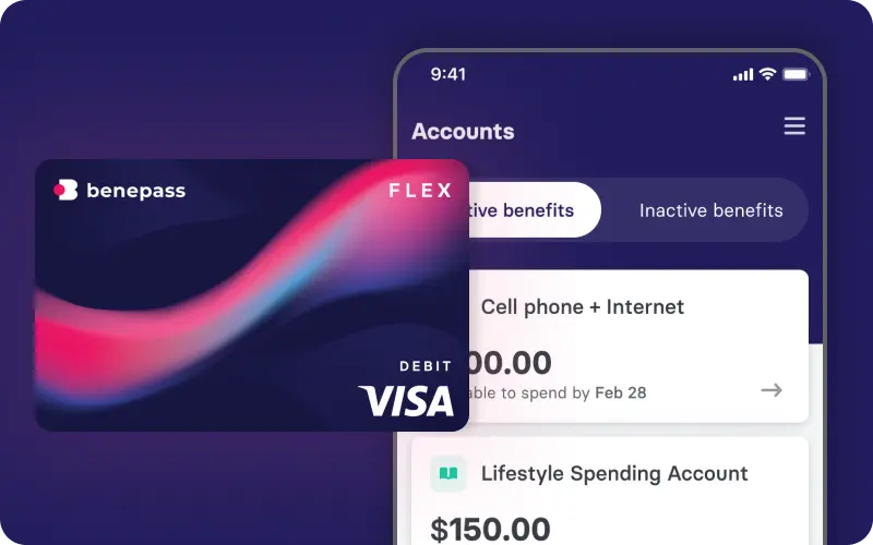 Benepass Visa debit card next to phone displaying Benepass app