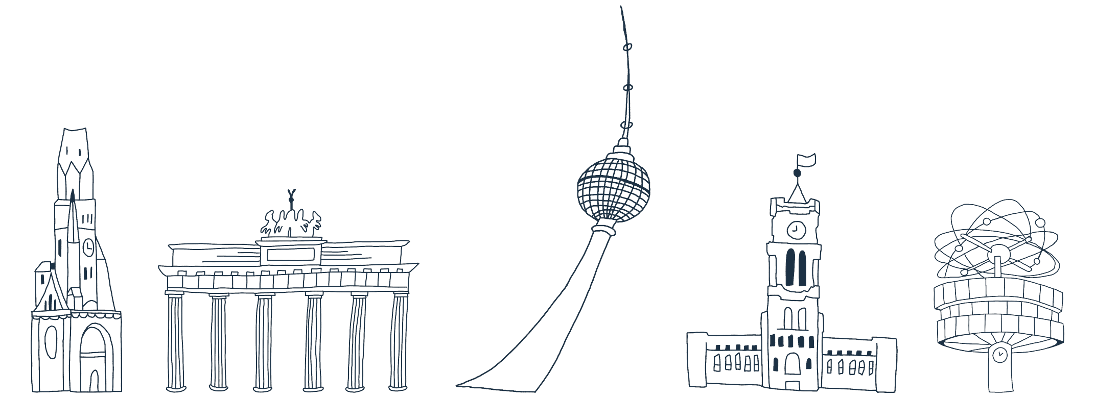 Line drawing of the Berlin skyline: Gedächtniskirche, Brandenburger Tor, Fernsehturm, Rotes Rathaus and Weltzeituhr