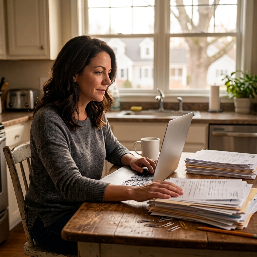 A consultant working at her kitchen table beside a stack of paperwork she has stopped trying to file