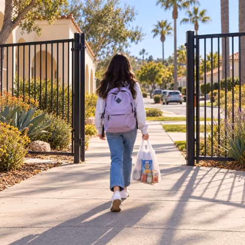 Person with long hair wearing a white jacket and blue jeans walks away on a sidewalk, carrying a pink backpack and a translucent bag filled with grocery items, passing through an open black gate with plants and trees around under a clear sky.