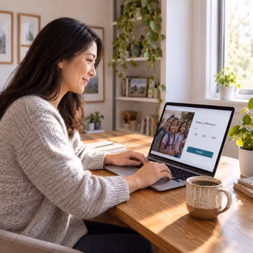 Woman wearing a gray sweater sitting at a wooden desk using a laptop with a donation page showing children and donation amounts, next to a coffee mug and plants by a sunlit window.