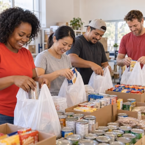 Four diverse volunteers smiling as they pack canned and boxed food into white plastic bags in a bright room with shelves in the background.