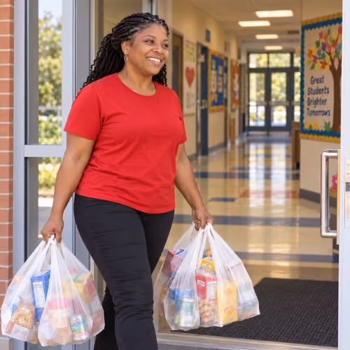 Smiling woman wearing a red shirt and black pants carrying grocery bags in both hands walking through a building entrance with a school hallway visible in the background.