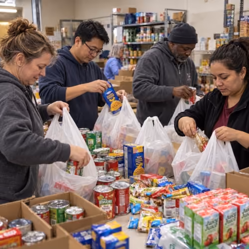 Four diverse volunteers packing bags with canned goods, boxed pasta, and juice packs at a food pantry with shelves of supplies in the background.
