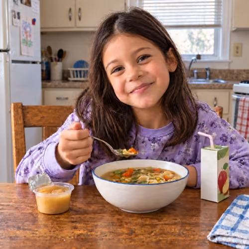 Smiling young girl with long brown hair wearing a purple shirt sitting at a wooden table with a bowl of vegetable soup, a small cup of applesauce, and a juice box with a straw in a kitchen setting.