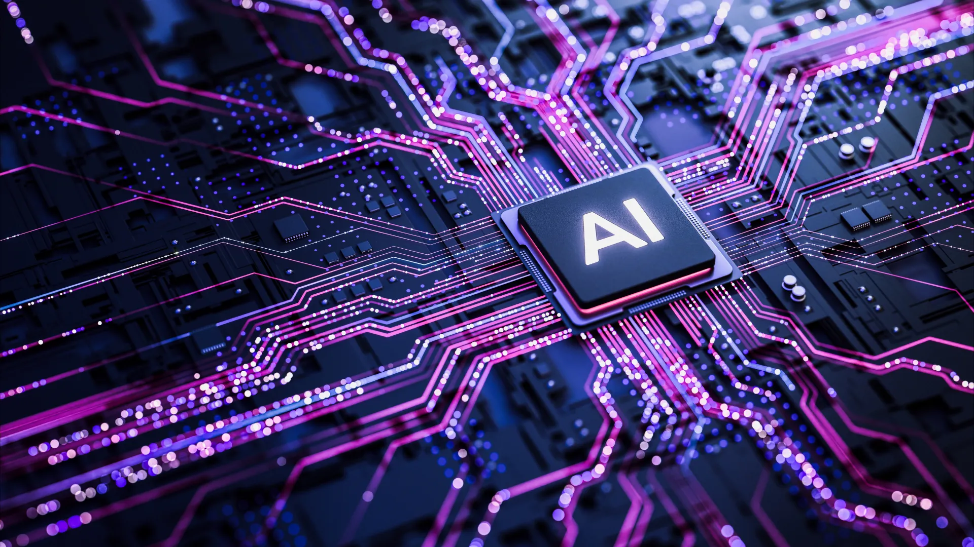 As imagens apresentam uma estética tecnológica, futurista e sofisticada, com foco em infraestrutura de TI, data centers, GPUs e inteligência artificial. Predominam tons escuros, especialmente azul, preto e roxo, combinados com pontos de iluminação em vermelho, laranja e neon.