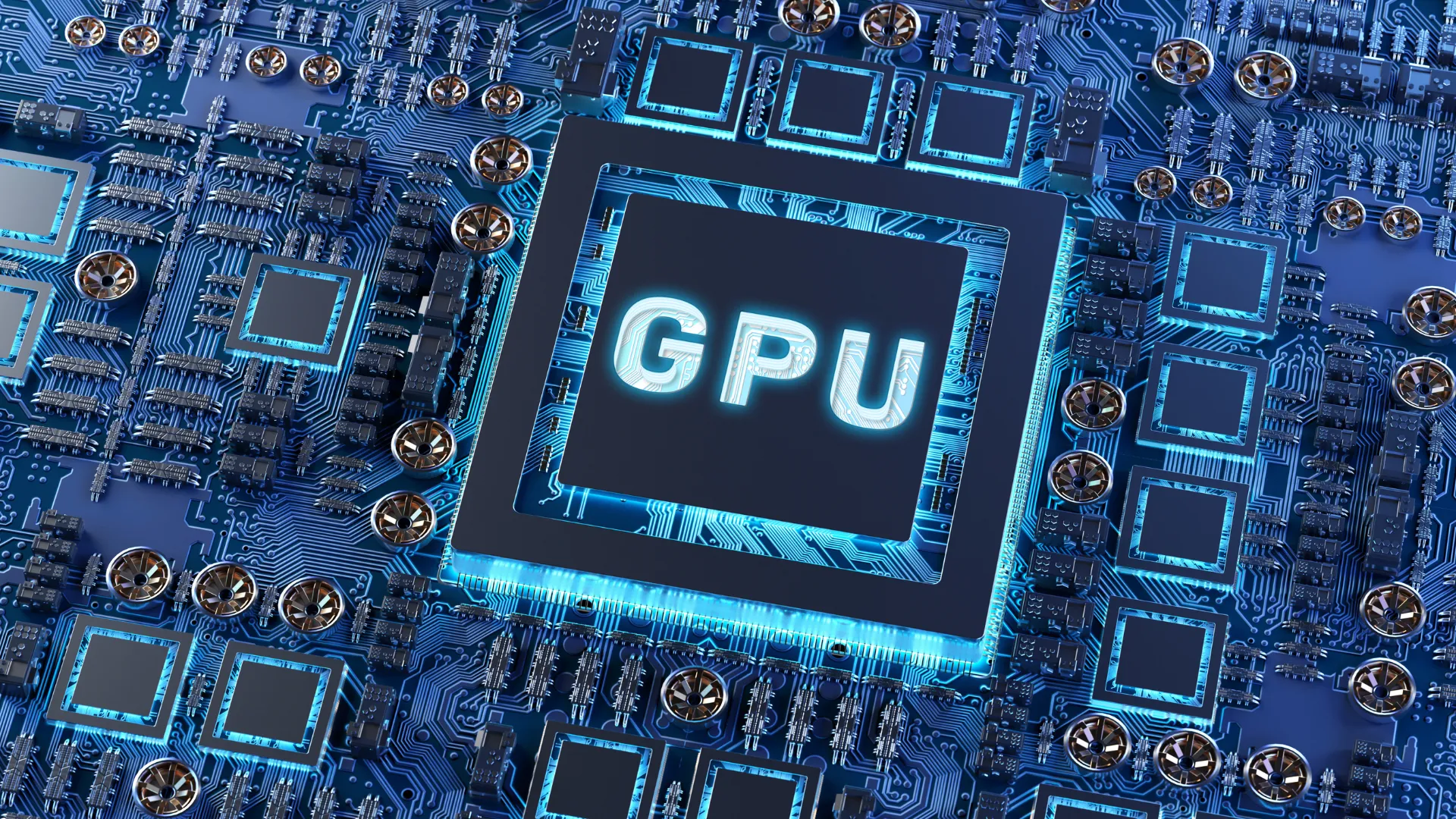 Imagem ilustrativa de uma GPU destacada no centro de uma placa eletrônica, cercada por circuitos e componentes interconectados. Os tons de azul e a iluminação neon reforçam a ideia de alta performance, processamento avançado e tecnologia de ponta, associada a áreas como inteligência artificial, computação em nuvem e data centers.