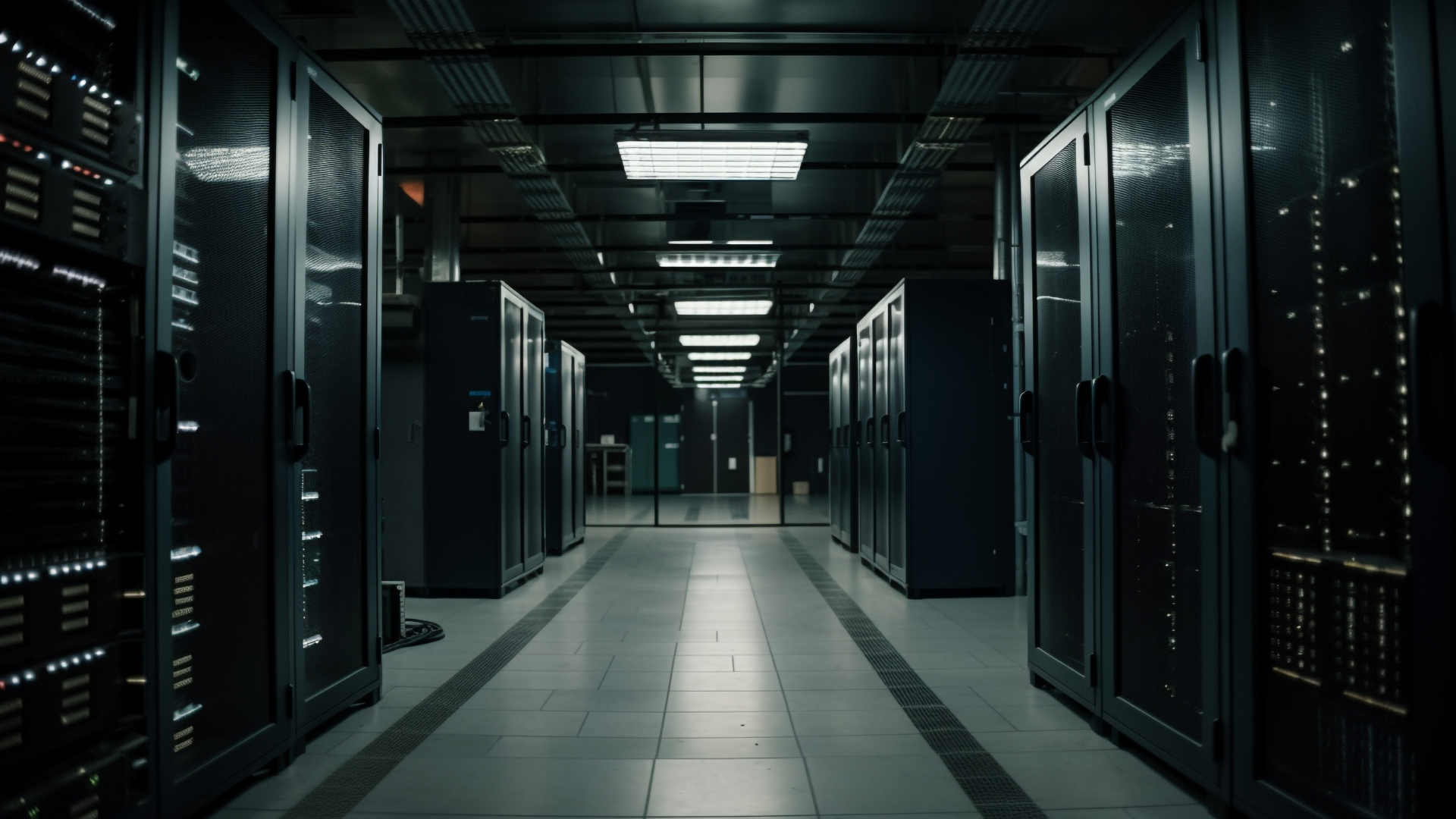 A imagem apresenta o interior de um data center, com corredores amplos e fileiras de racks de servidores posicionados dos dois lados. Os equipamentos possuem estruturas escuras, portas metálicas e painéis com pequenas luzes indicadoras. O ambiente é organizado e simétrico, com iluminação branca embutida no teto, piso técnico modular e sistemas de ventilação integrados. Ao fundo, é possível observar portas e outras estruturas da instalação. A perspectiva central destaca a profundidade do corredor e a disposição dos equipamentos, transmitindo uma sensação de organização, segurança e infraestrutura tecnológica avançada. A iluminação em tons frios e o contraste entre as áreas claras e escuras reforçam o aspecto moderno e tecnológico do ambiente.