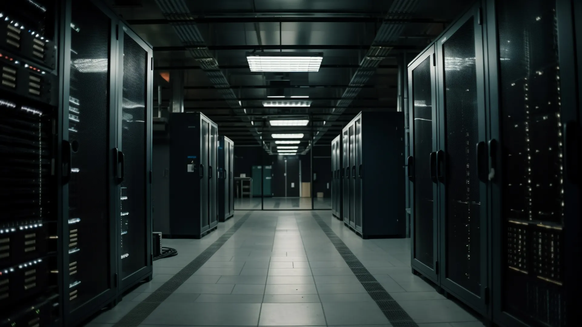 A imagem apresenta o interior de um data center, com corredores amplos e fileiras de racks de servidores posicionados dos dois lados. Os equipamentos possuem estruturas escuras, portas metálicas e painéis com pequenas luzes indicadoras. O ambiente é organizado e simétrico, com iluminação branca embutida no teto, piso técnico modular e sistemas de ventilação integrados. Ao fundo, é possível observar portas e outras estruturas da instalação. A perspectiva central destaca a profundidade do corredor e a disposição dos equipamentos, transmitindo uma sensação de organização, segurança e infraestrutura tecnológica avançada. A iluminação em tons frios e o contraste entre as áreas claras e escuras reforçam o aspecto moderno e tecnológico do ambiente.