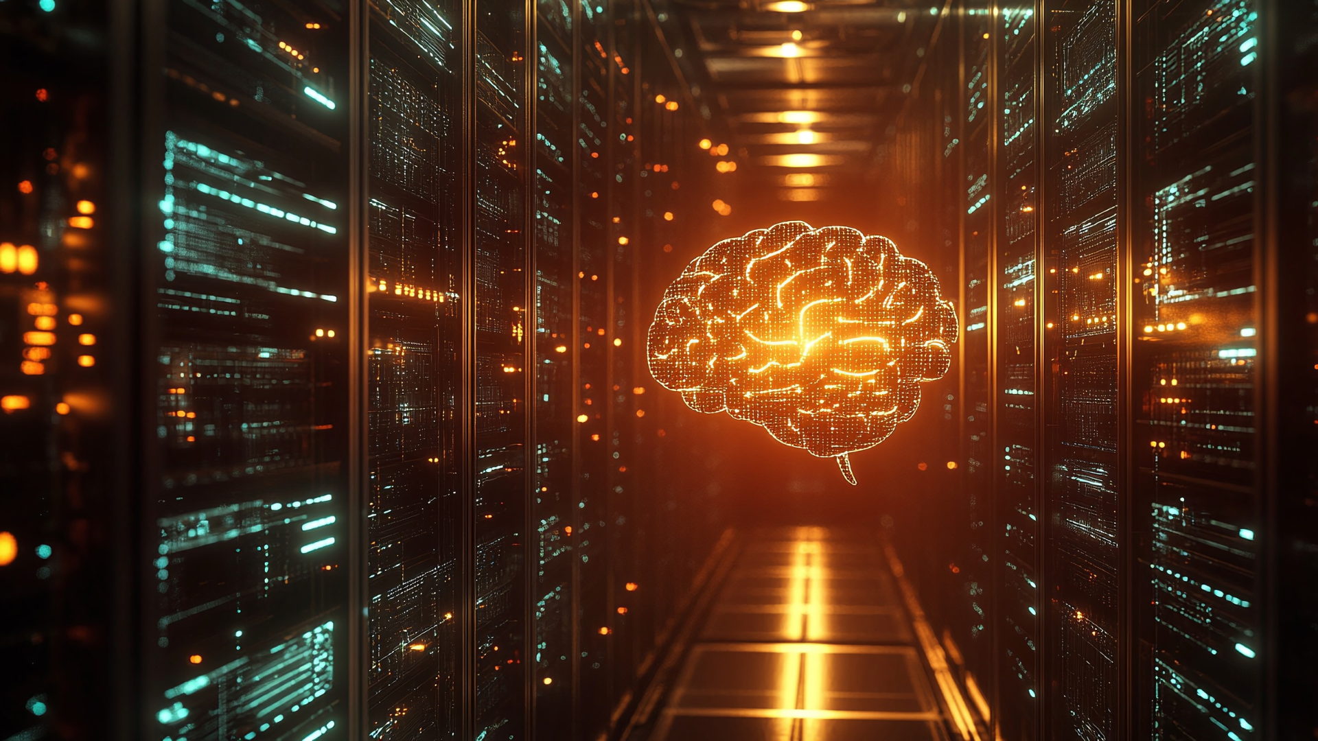 A imagem apresenta o interior de um data center, com corredores amplos e fileiras de racks de servidores posicionados dos dois lados. Os equipamentos possuem estruturas escuras, portas metálicas e painéis com pequenas luzes indicadoras. O ambiente é organizado e simétrico, com iluminação branca embutida no teto, piso técnico modular e sistemas de ventilação integrados. Ao fundo, é possível observar portas e outras estruturas da instalação. A perspectiva central destaca a profundidade do corredor e a disposição dos equipamentos, transmitindo uma sensação de organização, segurança e infraestrutura tecnológica avançada. A iluminação em tons frios e o contraste entre as áreas claras e escuras reforçam o aspecto moderno e tecnológico do ambiente.
