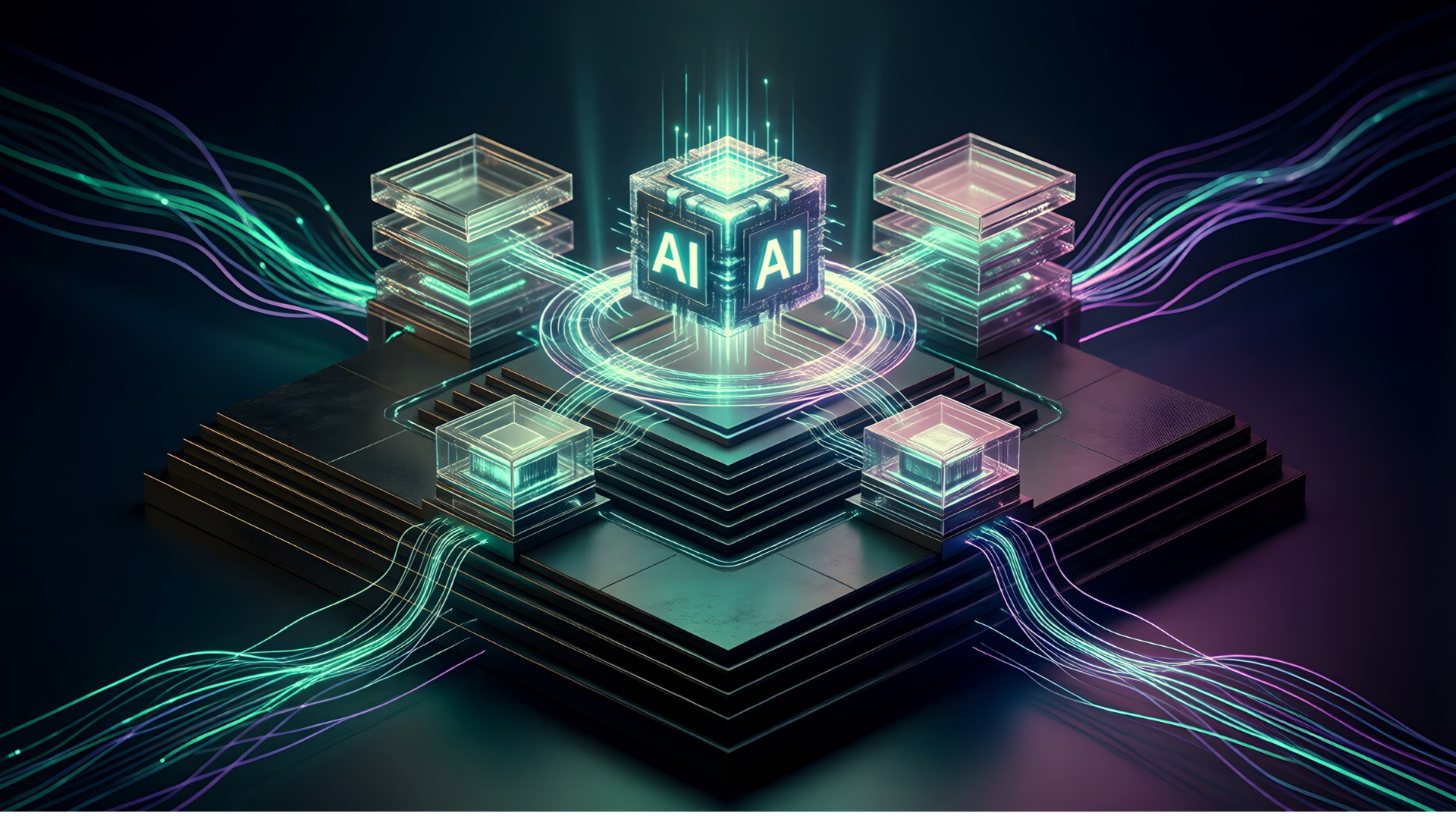 Imagem futurista de um núcleo de inteligência artificial conectado a módulos tecnológicos por linhas luminosas em tons de verde, azul e roxo, simbolizando processamento de dados, conectividade e inovação.