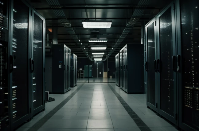 Corredor interno de Data Center com fileiras de racks de servidores fechados