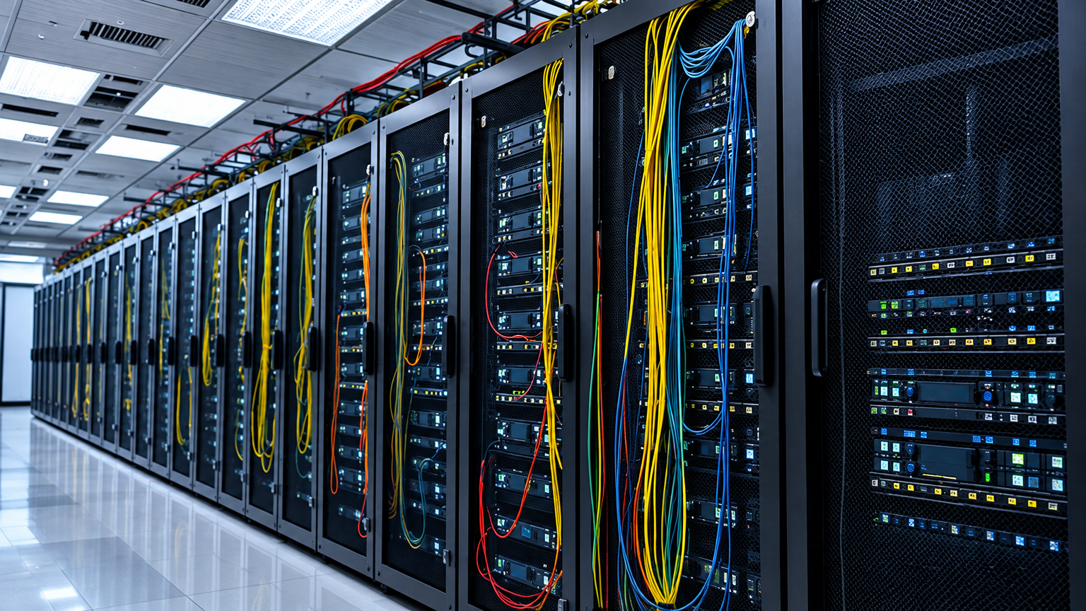 Fileira de racks de servidores pretos em um data center moderno, com portas de malha metálica, luzes indicadoras ativas e cabos de rede coloridos organizados verticalmente, representando infraestrutura de computação de alta performance.