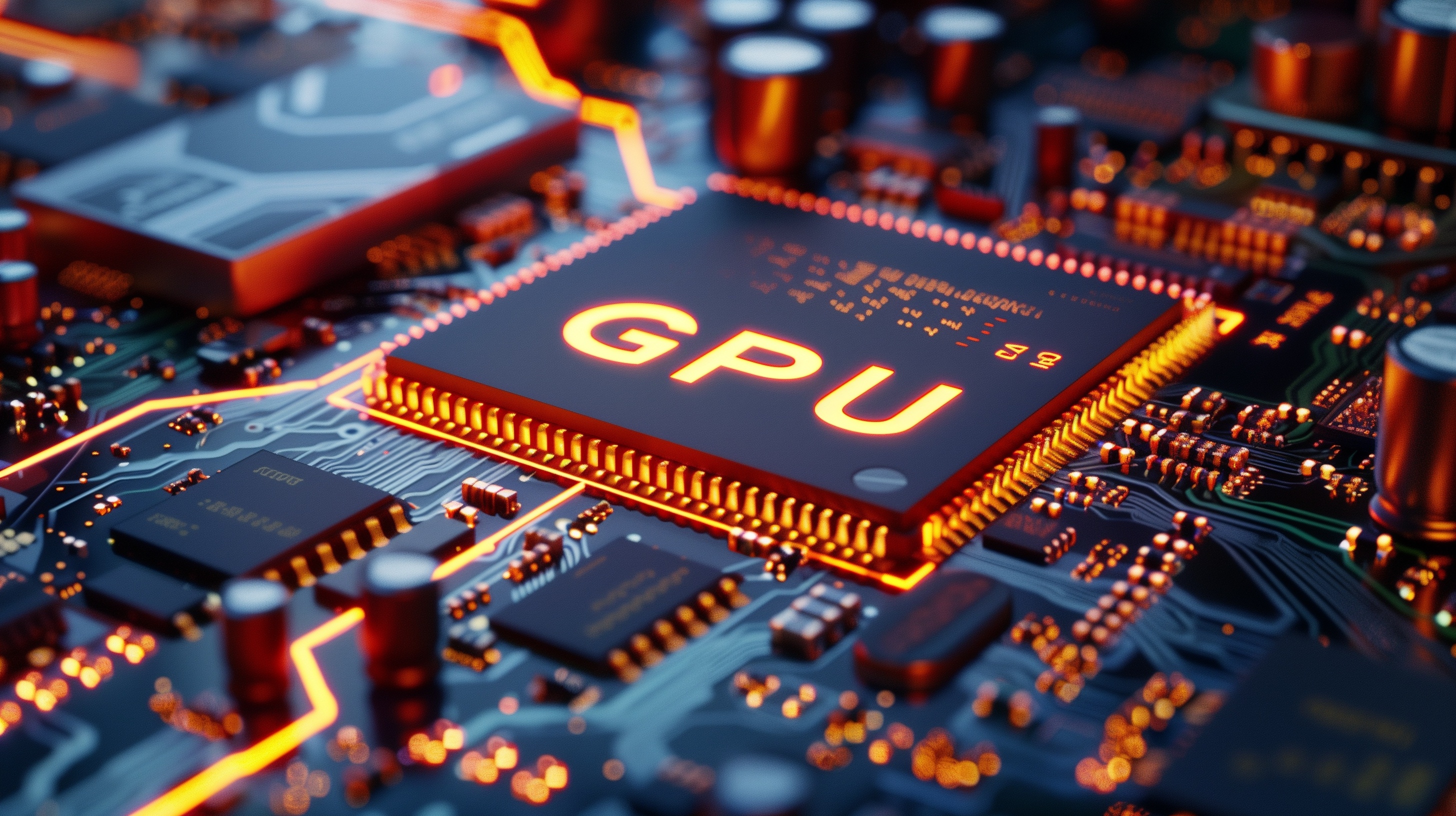 Placa-mãe em close com um chip GPU no centro; o texto "GPU" e as trilhas da placa brilham em laranja, contrastando com o azul-petróleo da placa e os componentes metálicos ao redor.
