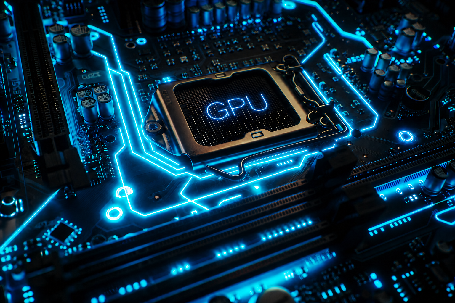 Placa-mãe com iluminação neon azul e texto "GPU" em destaque sobre o modem, representando infraestrutura de processamento gráfico para IA.