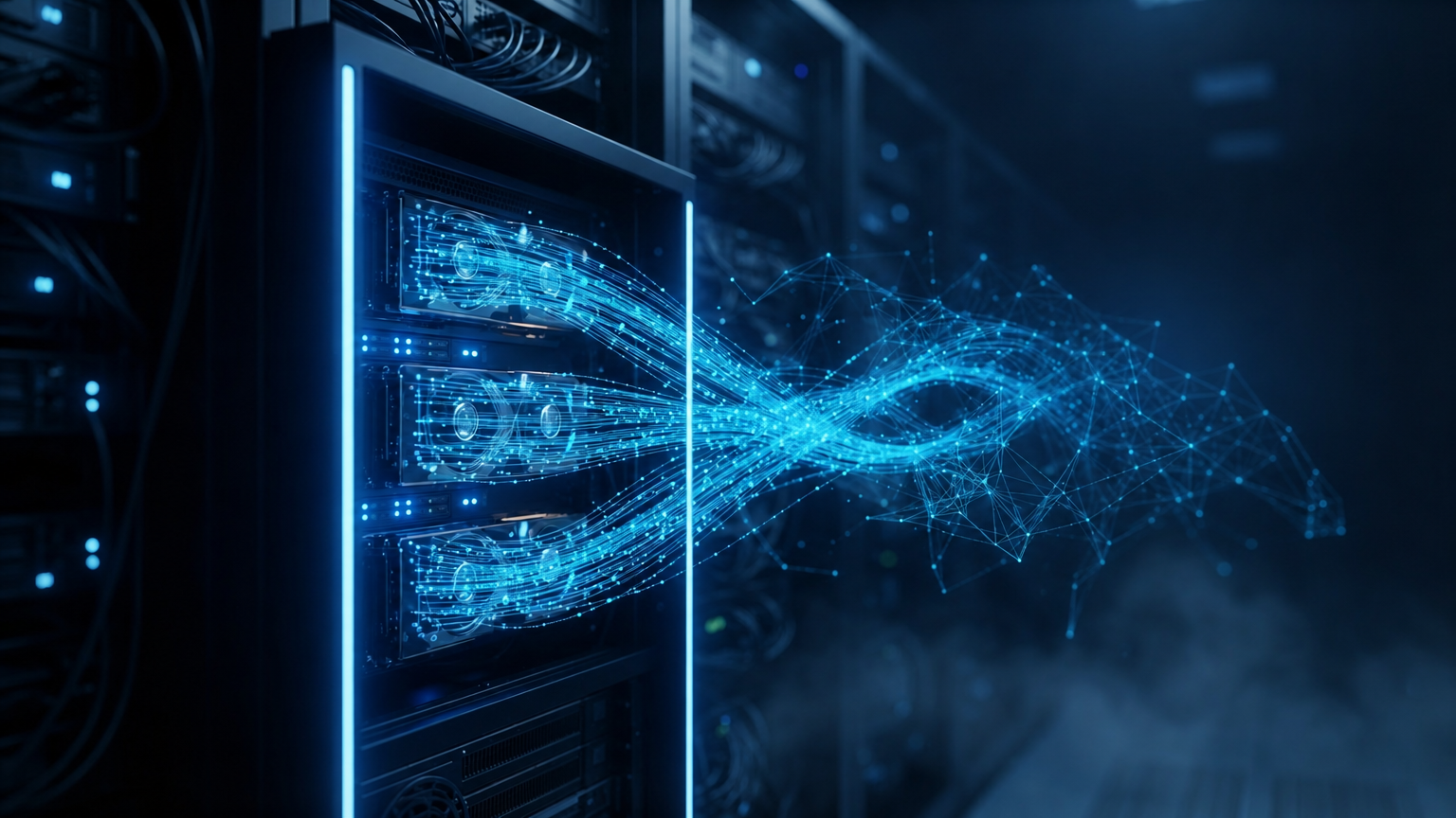 Servidor GPU EVEO em data center com iluminação vermelha, partículas luminosas e padrões de rede neural para processamento de IA.