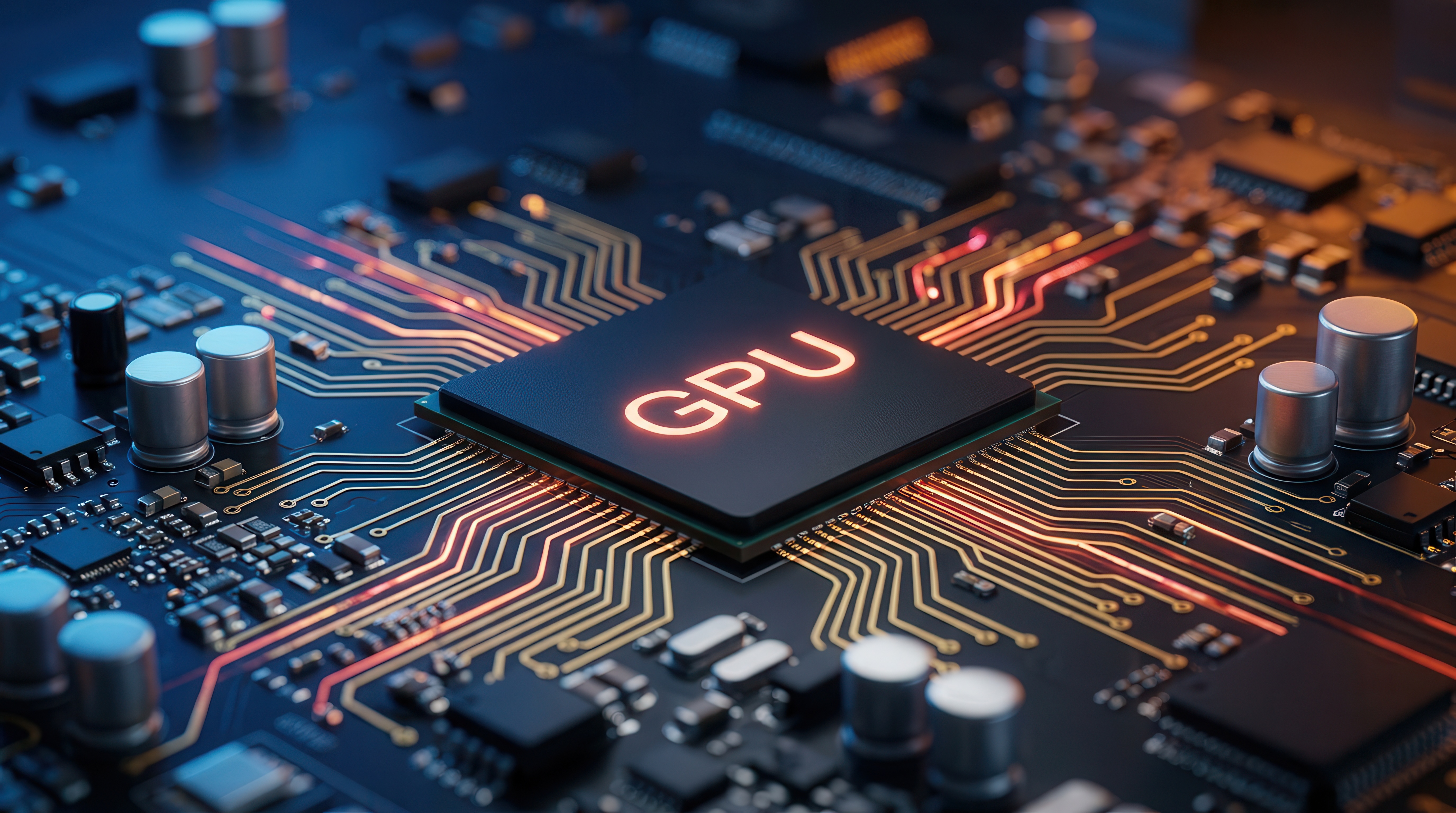 Imagem em close-up de uma GPU (Graphics Processing Unit) sobre uma placa de circuito, com trilhas eletrônicas iluminadas em tons de azul, laranja e vermelho, representando computação de alto desempenho, processamento de dados e infraestrutura para inteligência artificial (IA).