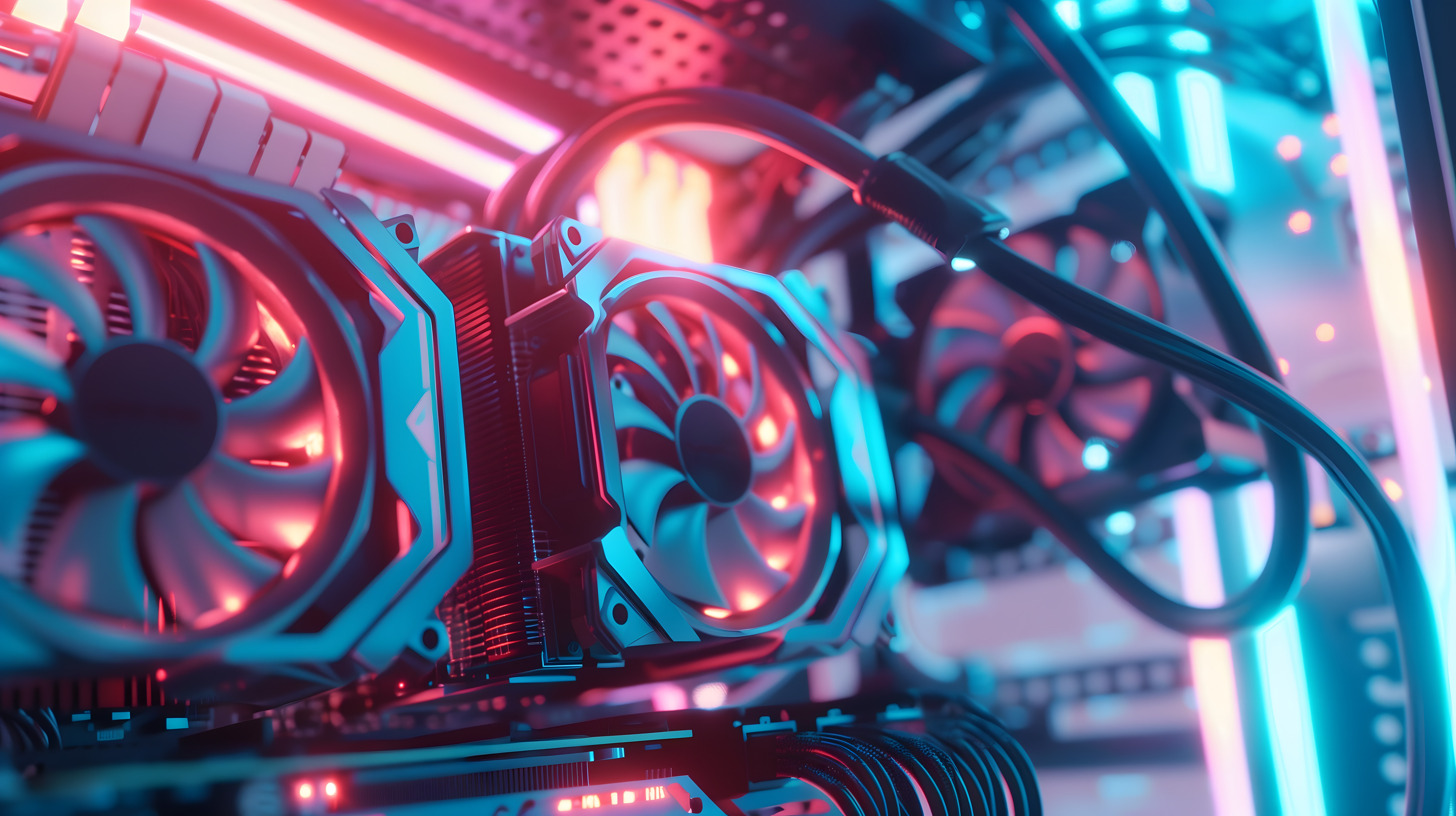 A imagem apresenta um close-up de um conjunto de placas de vídeo (GPUs) instaladas em um servidor ou workstation de alto desempenho, destacando um ambiente voltado para processamento intensivo de dados, inteligência artificial ou computação de alta performance (HPC). Em primeiro plano, é possível observar grandes ventoinhas integradas às GPUs, responsáveis pela refrigeração dos componentes, além de cabos de alimentação de alta capacidade conectados às placas. A iluminação em tons de azul e magenta cria uma atmosfera futurista e tecnológica, enquanto o fundo desfocado evidencia a profundidade do equipamento e reforça o foco nos componentes principais. A composição transmite a ideia de infraestrutura moderna, alto poder computacional, desempenho, escalabilidade e inovação, sendo uma imagem ideal para ilustrar conteúdos relacionados a data centers, cloud computing, IA generativa, treinamento de modelos de inteligência artificial, processamento paralelo e aceleração por GPU.