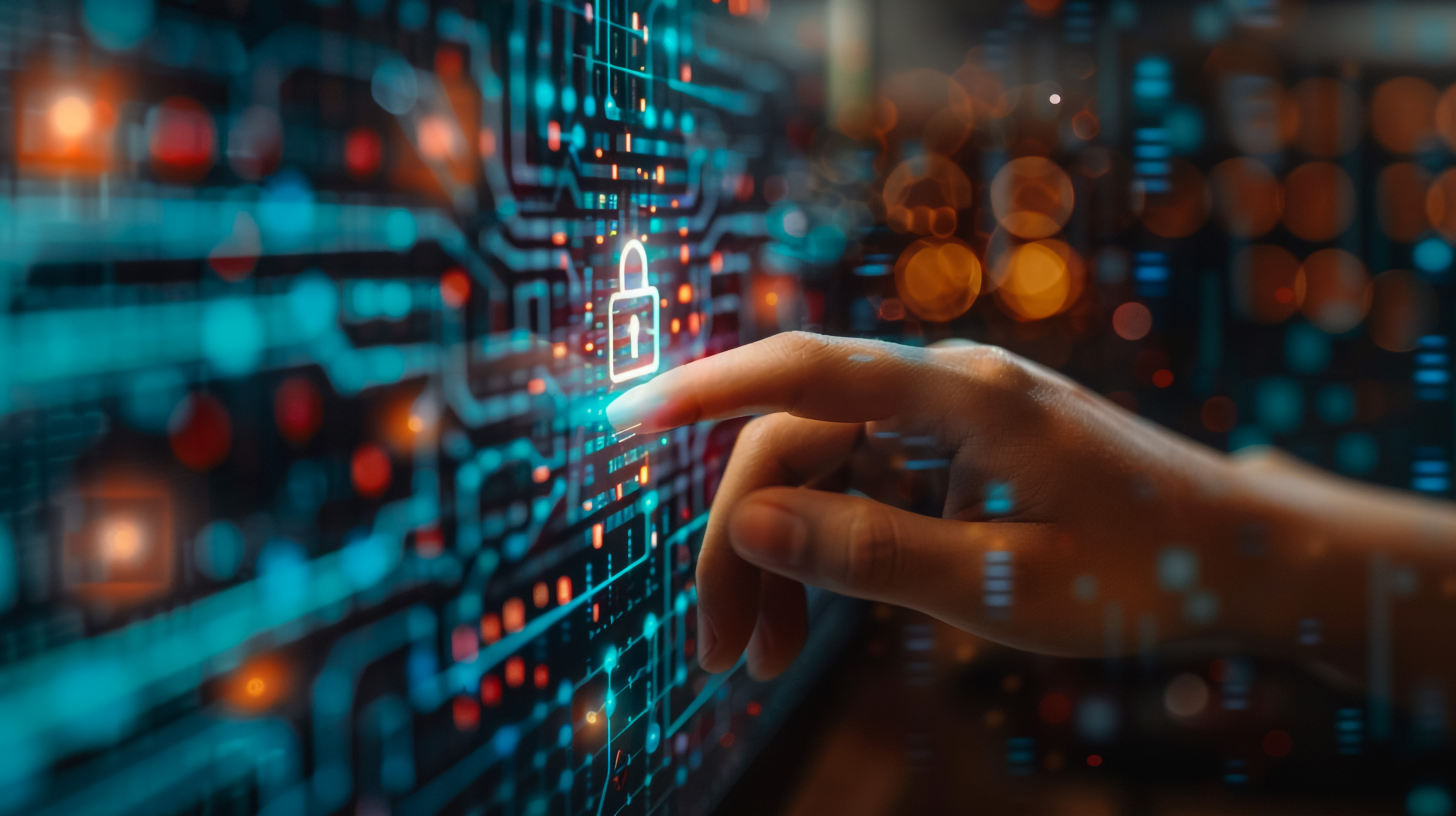 A imagem retrata uma interface digital voltada para segurança da informação e proteção de dados. Em primeiro plano, uma mão interage com uma tela virtual onde se destaca o ícone de um cadeado luminoso, simbolizando controle de acesso, privacidade e cibersegurança. Ao redor do cadeado, linhas e elementos gráficos remetem a circuitos eletrônicos, fluxos de dados e redes conectadas, enquanto as luzes em tons de azul e laranja reforçam a atmosfera tecnológica e futurista. A composição transmite conceitos como proteção de sistemas, criptografia, gestão de identidades e defesa contra ameaças cibernéticas em ambientes digitais.