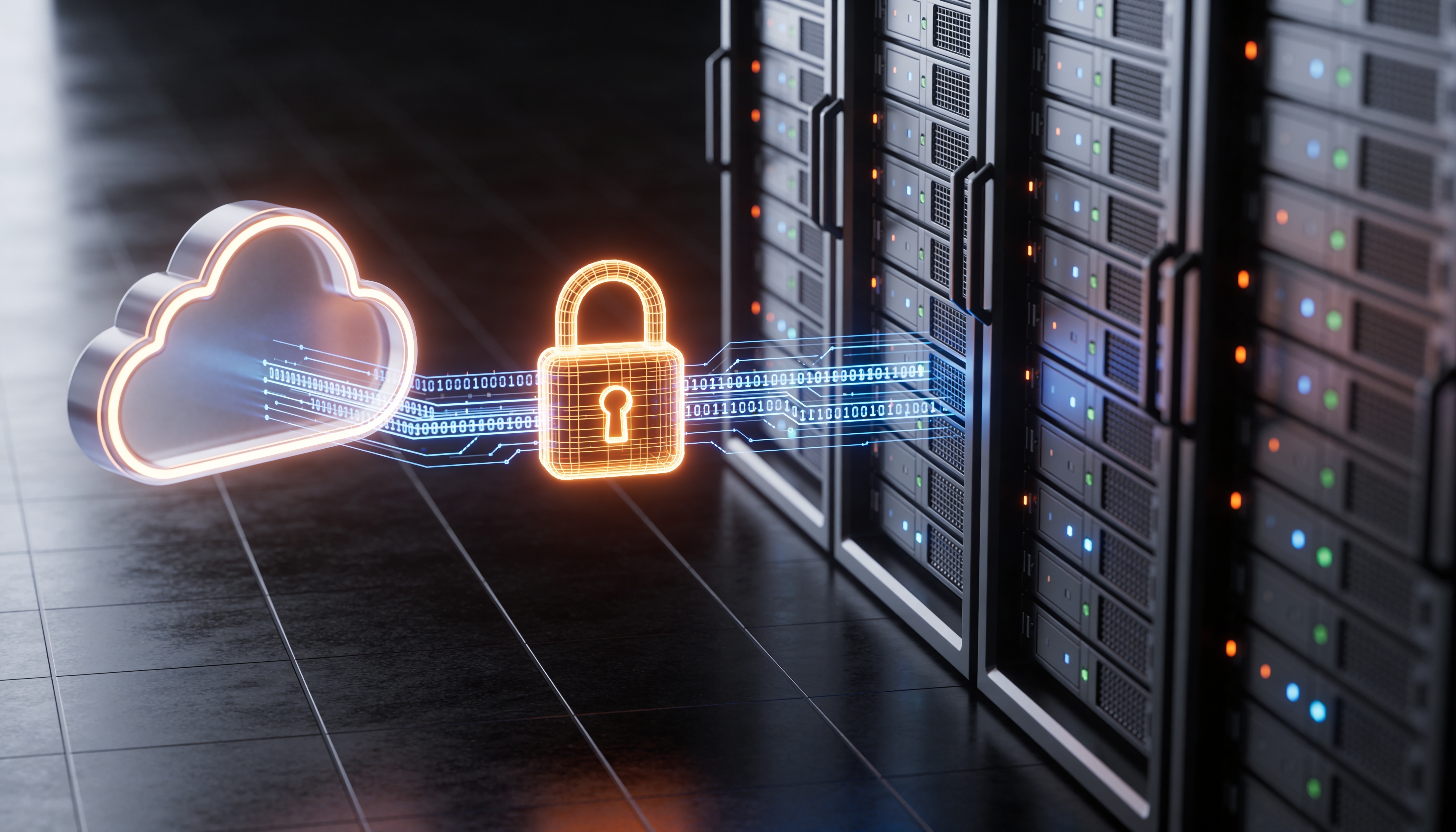 A imagem representa um cenário de armazenamento seguro em nuvem, combinando elementos de infraestrutura física e cloud computing em uma composição tecnológica moderna. À esquerda, há um rack de servidores com múltiplos equipamentos empilhados, simbolizando a infraestrutura de data center responsável pelo processamento e armazenamento dos dados. Do rack parte um feixe luminoso que se conecta a uma grande nuvem digital holográfica posicionada ao centro-direita da imagem. Na frente da nuvem, destaca-se um cadeado transparente iluminado, reforçando a ideia de proteção, privacidade e controle de acesso. Ao redor da nuvem, anéis com códigos binários e elementos gráficos digitais sugerem circulação de informações, conectividade e monitoramento contínuo dos dados. A combinação das cores azul e laranja cria um contraste visual que transmite simultaneamente tecnologia, inovação e segurança.
