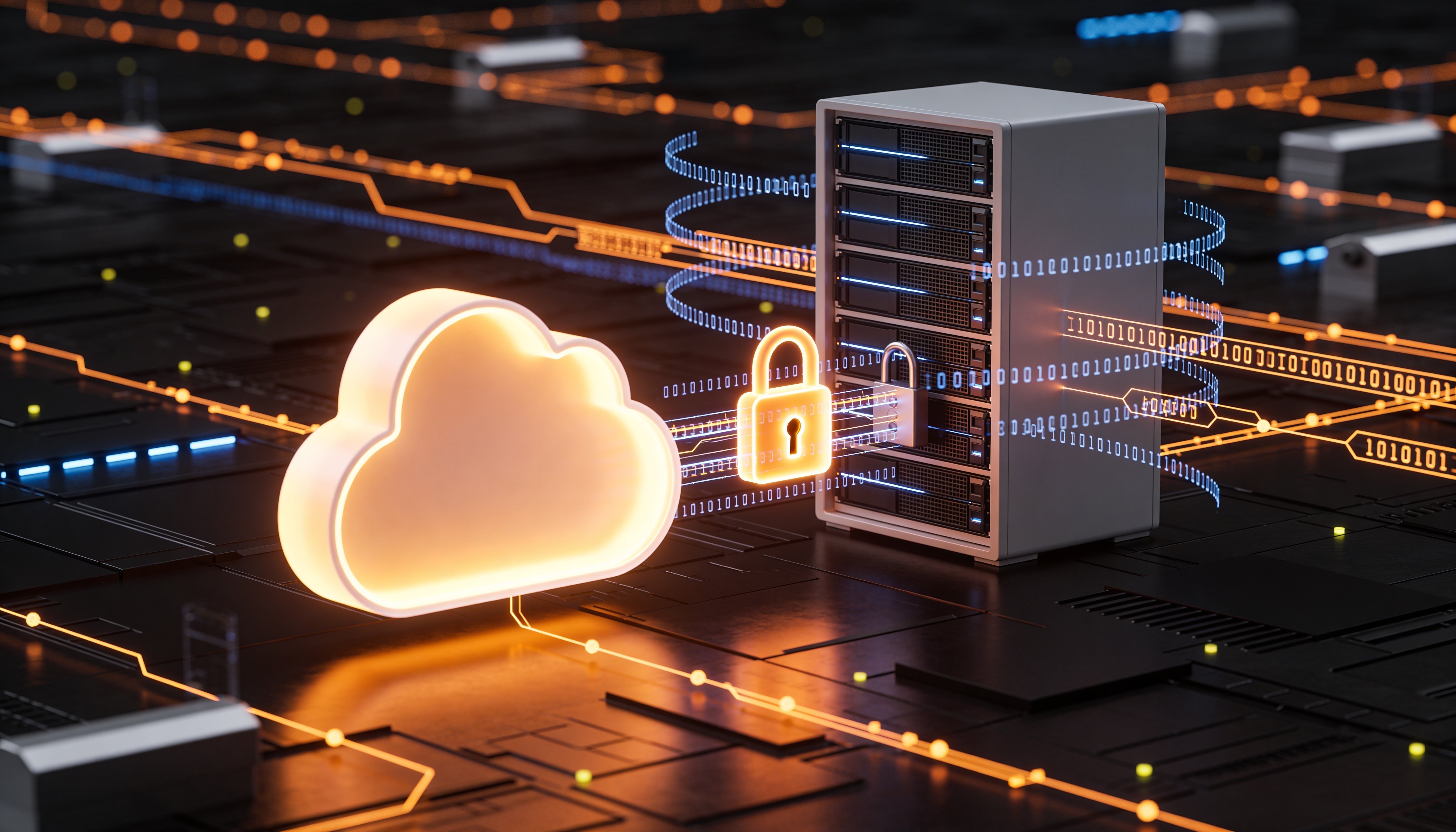 A imagem representa um cenário de armazenamento seguro em nuvem, combinando elementos de infraestrutura física e cloud computing em uma composição tecnológica moderna. À esquerda, há um rack de servidores com múltiplos equipamentos empilhados, simbolizando a infraestrutura de data center responsável pelo processamento e armazenamento dos dados. Do rack parte um feixe luminoso que se conecta a uma grande nuvem digital holográfica posicionada ao centro-direita da imagem. Na frente da nuvem, destaca-se um cadeado transparente iluminado, reforçando a ideia de proteção, privacidade e controle de acesso. Ao redor da nuvem, anéis com códigos binários e elementos gráficos digitais sugerem circulação de informações, conectividade e monitoramento contínuo dos dados. A combinação das cores azul e laranja cria um contraste visual que transmite simultaneamente tecnologia, inovação e segurança.