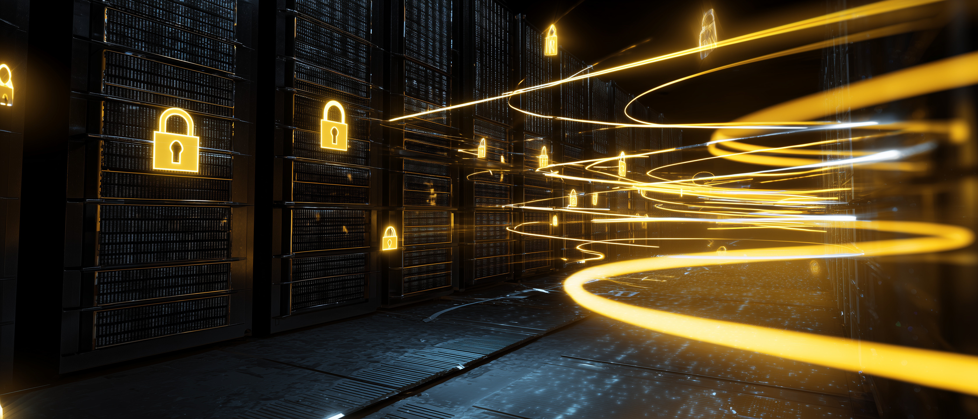 A imagem retrata um ambiente de data center altamente seguro, com forte apelo visual para temas de cibersegurança, proteção de dados e infraestrutura digital corporativa. Em primeiro plano, observa-se um corredor entre racks de servidores escuros, que se estendem ao longo do ambiente. Sobre diversos racks aparecem ícones luminosos de cadeados dourados, simbolizando mecanismos de proteção, controle de acesso e segurança da informação. Percorrendo o corredor, há múltiplos feixes de luz dourados e brancos que criam rastros dinâmicos e sinuosos, transmitindo a ideia de fluxo contínuo de dados, conectividade em alta velocidade e comunicação segura entre sistemas. Esses elementos iluminados contrastam com o ambiente predominantemente escuro, destacando a tecnologia e a proteção dos ativos digitais.