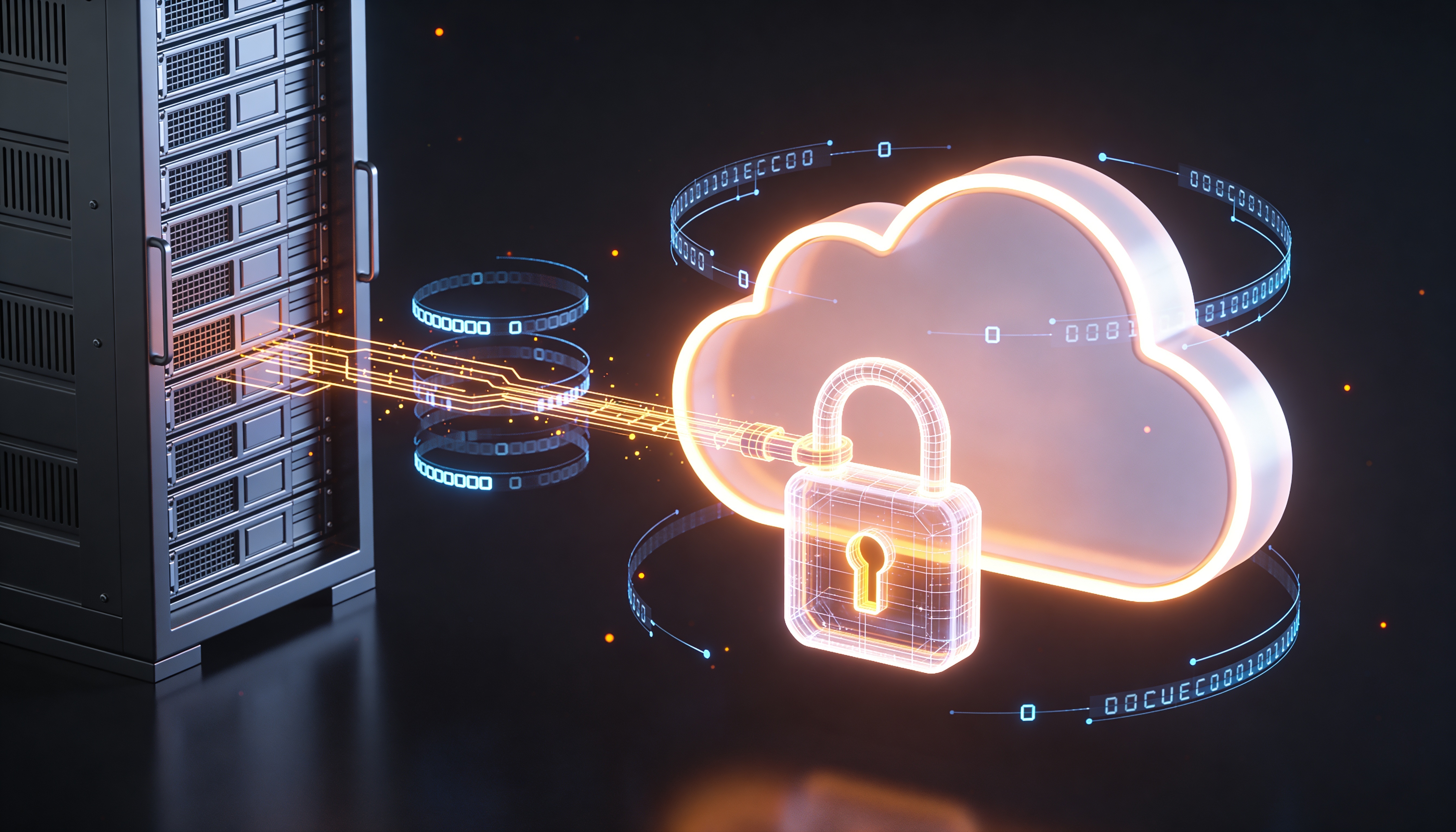 A imagem representa um cenário de armazenamento seguro em nuvem, combinando elementos de infraestrutura física e cloud computing em uma composição tecnológica moderna. À esquerda, há um rack de servidores com múltiplos equipamentos empilhados, simbolizando a infraestrutura de data center responsável pelo processamento e armazenamento dos dados. Do rack parte um feixe luminoso que se conecta a uma grande nuvem digital holográfica posicionada ao centro-direita da imagem. Na frente da nuvem, destaca-se um cadeado transparente iluminado, reforçando a ideia de proteção, privacidade e controle de acesso. Ao redor da nuvem, anéis com códigos binários e elementos gráficos digitais sugerem circulação de informações, conectividade e monitoramento contínuo dos dados. A combinação das cores azul e laranja cria um contraste visual que transmite simultaneamente tecnologia, inovação e segurança.