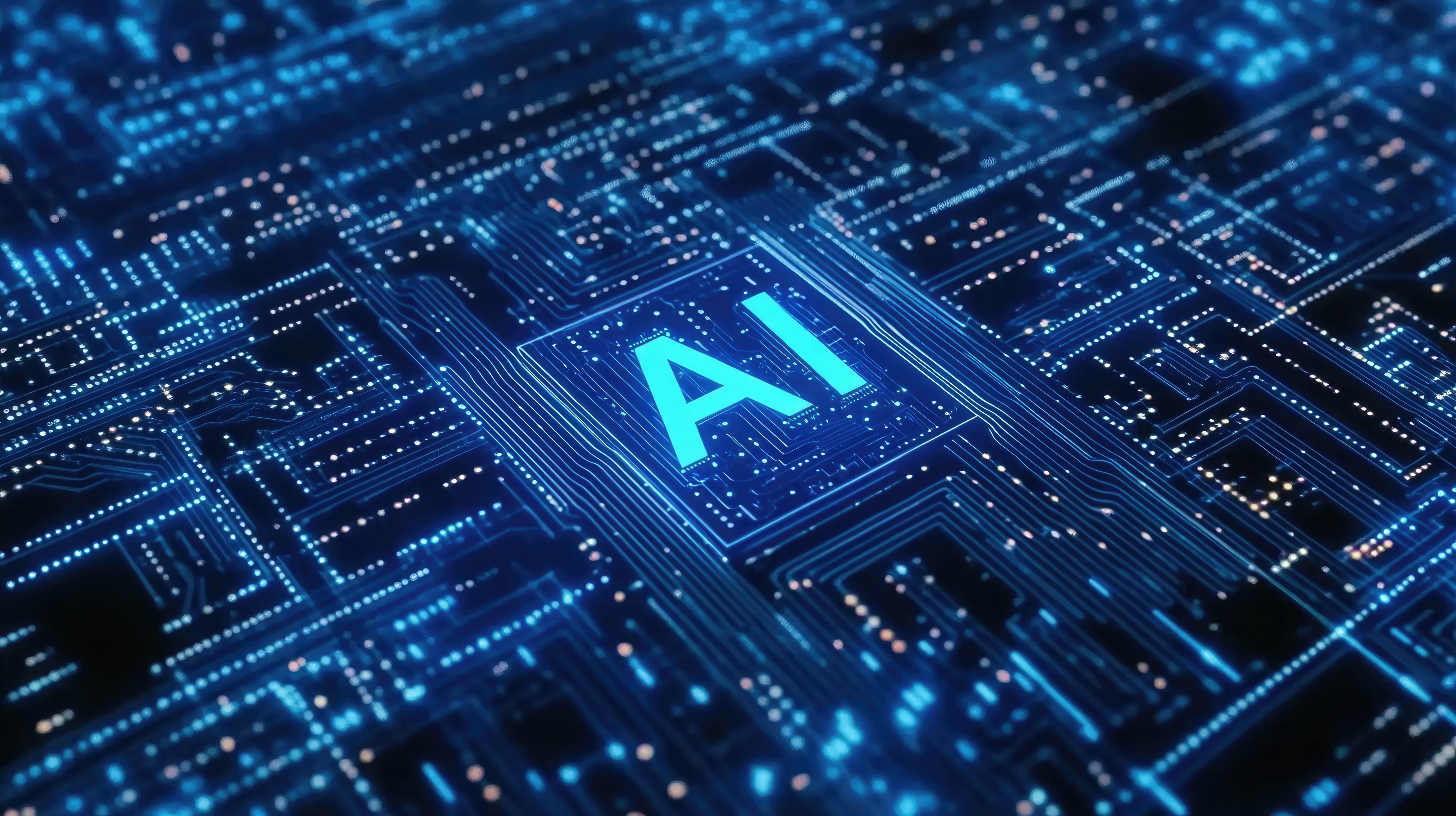 Ilustração digital de inteligência artificial (AI) destacada no centro de um circuito eletrônico azul brilhante, simbolizando infraestrutura de GPU, processamento de dados em alta performance, machine learning e computação avançada para aplicações de IA generativa.