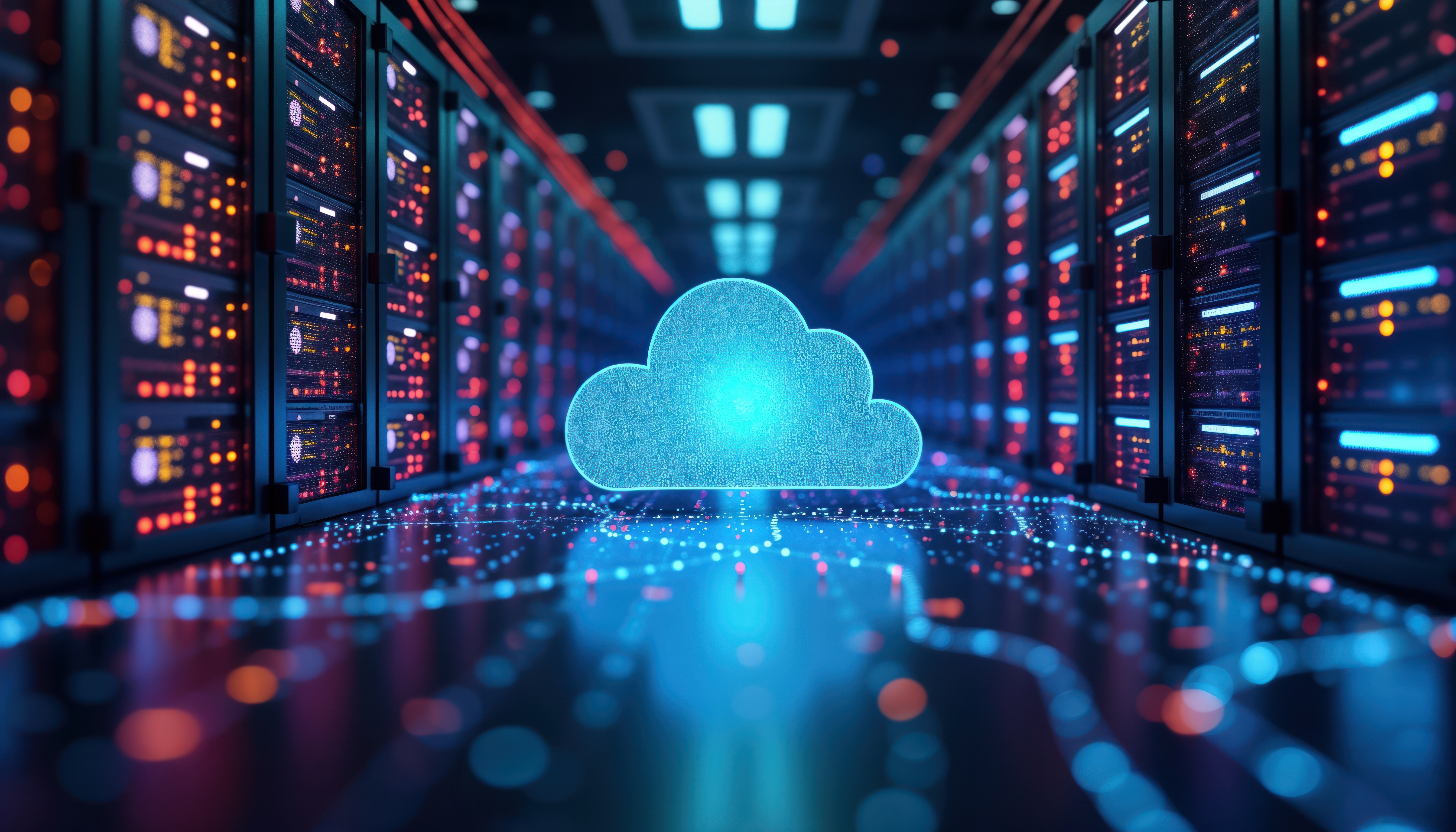 Imagem de um data center com racks de servidores e interface digital exibindo um ícone de nuvem em destaque, representando computação em nuvem, armazenamento de dados e infraestrutura de cloud computing. A ilustração simboliza servidores dedicados, nuvem privada, backup em nuvem, virtualização, monitoramento de sistemas e soluções de TI para empresas.