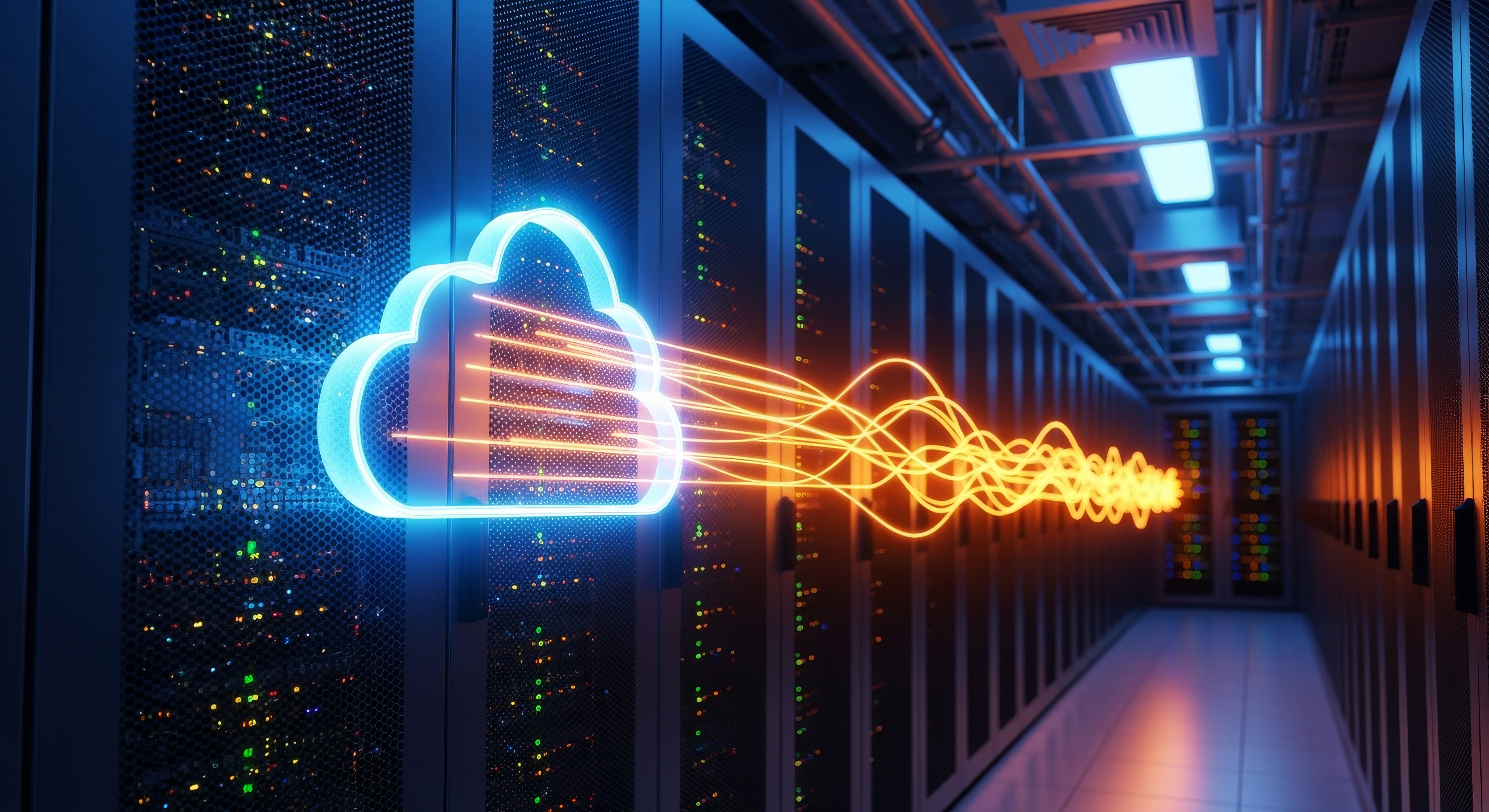 A imagem mostra um data center moderno, com vários racks de servidores alinhados dos dois lados de um corredor. As luzes dos equipamentos — pequenos LEDs multicoloridos — indicam atividade constante. No lado esquerdo, há um ícone luminoso de nuvem, em tom azul neon, flutuando sobre a porta perfurada de um rack. A partir dessa nuvem, saem diversos fluxos de luz alaranjada, representados como linhas onduladas, que atravessam todo o corredor em direção ao fundo da sala. Esses feixes simbolizam transferência de dados, conectividade e processamento em alta velocidade. A iluminação ambiente é predominantemente azul, reforçando o clima tecnológico e futurista, enquanto os tons laranja das linhas de dados criam um contraste dinâmico. No fundo do corredor, mais servidores iluminados completam a cena. No geral, a imagem transmite a ideia de computação em nuvem integrada a infraestrutura física, mostrando o fluxo de informações entre a nuvem e o data center.