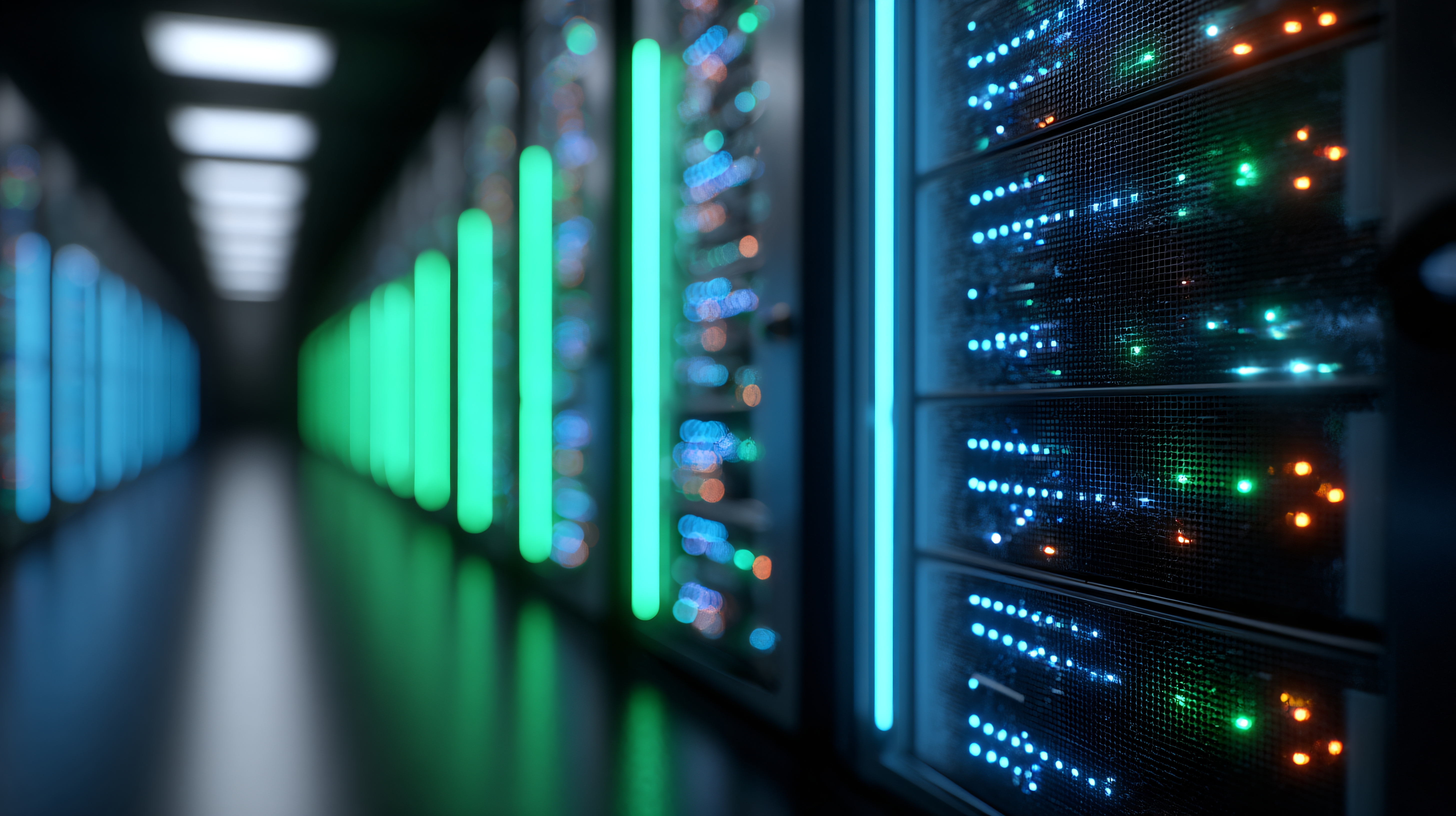 Corredor de data center com racks de servidores em perspectiva, luzes LED verdes e azuis iluminando os equipamentos e indicadores de atividade piscando, com fundo desfocado que reforça profundidade e ambiente tecnológico.