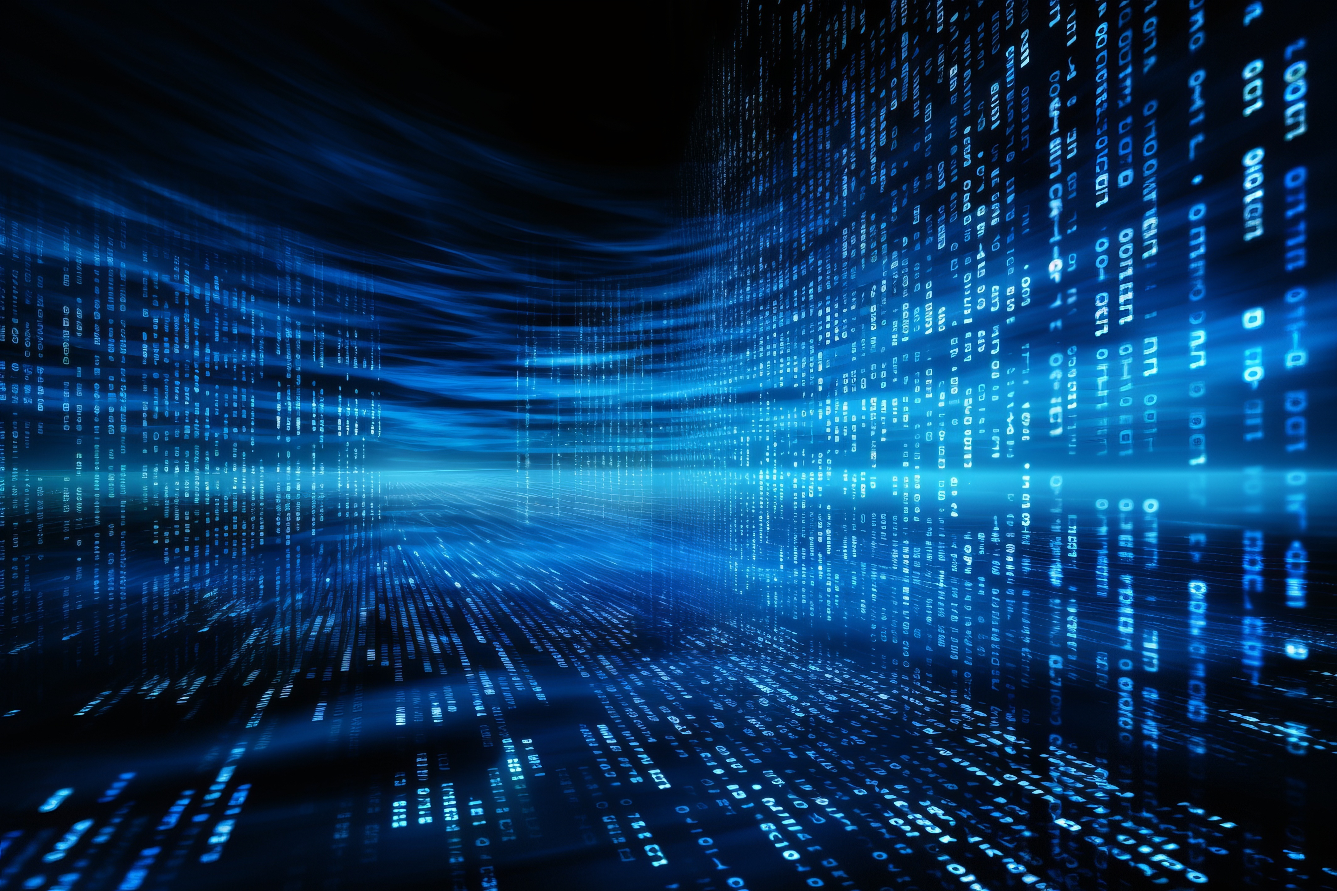 A imagem mostra uma cena futurista e abstrata, como se fosse um corredor digital formado por fluxos de dados. Tons intensos de azul dominam toda a composição, criando um ambiente tecnológico e imersivo. Linhas de código e sequências numéricas brilham verticalmente e horizontalmente, lembrando painéis de dados ou paredes feitas de informação em movimento. Esses códigos parecem se estender ao infinito, gerando profundidade e a sensação de velocidade — como se estivéssemos viajando através de um túnel digital ou dentro de uma rede de alta performance. O efeito de luzes e rastros cria dinamismo, sugerindo tráfego de dados, conectividade, cloud computing ou transformação digital. A estética é moderna, limpa, altamente tecnológica e com forte atmosfera de ciberespaço.