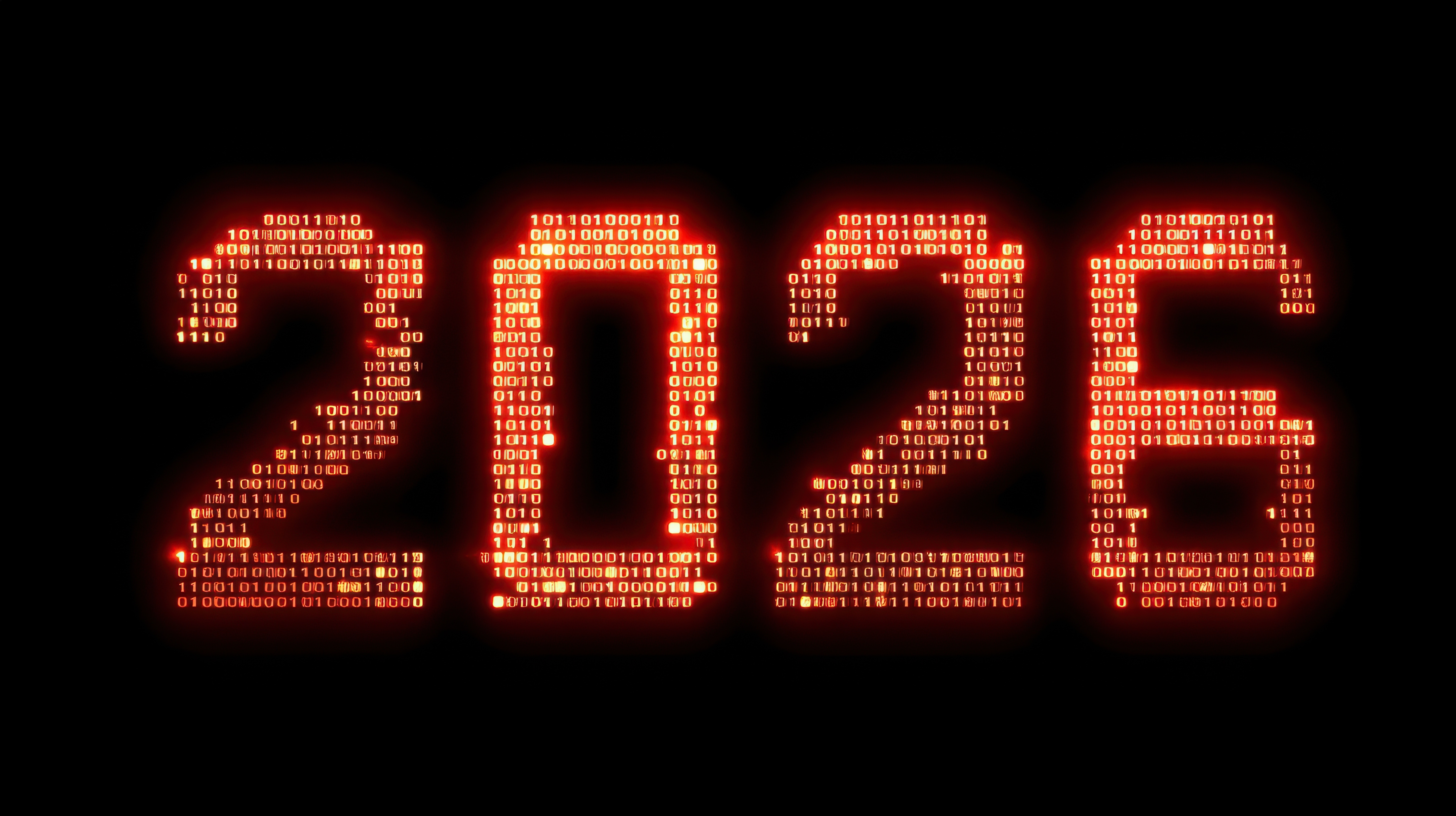 Digital representation of the year 2026 rendered in glowing binary code against a black background showcasing technology and futuristic themes