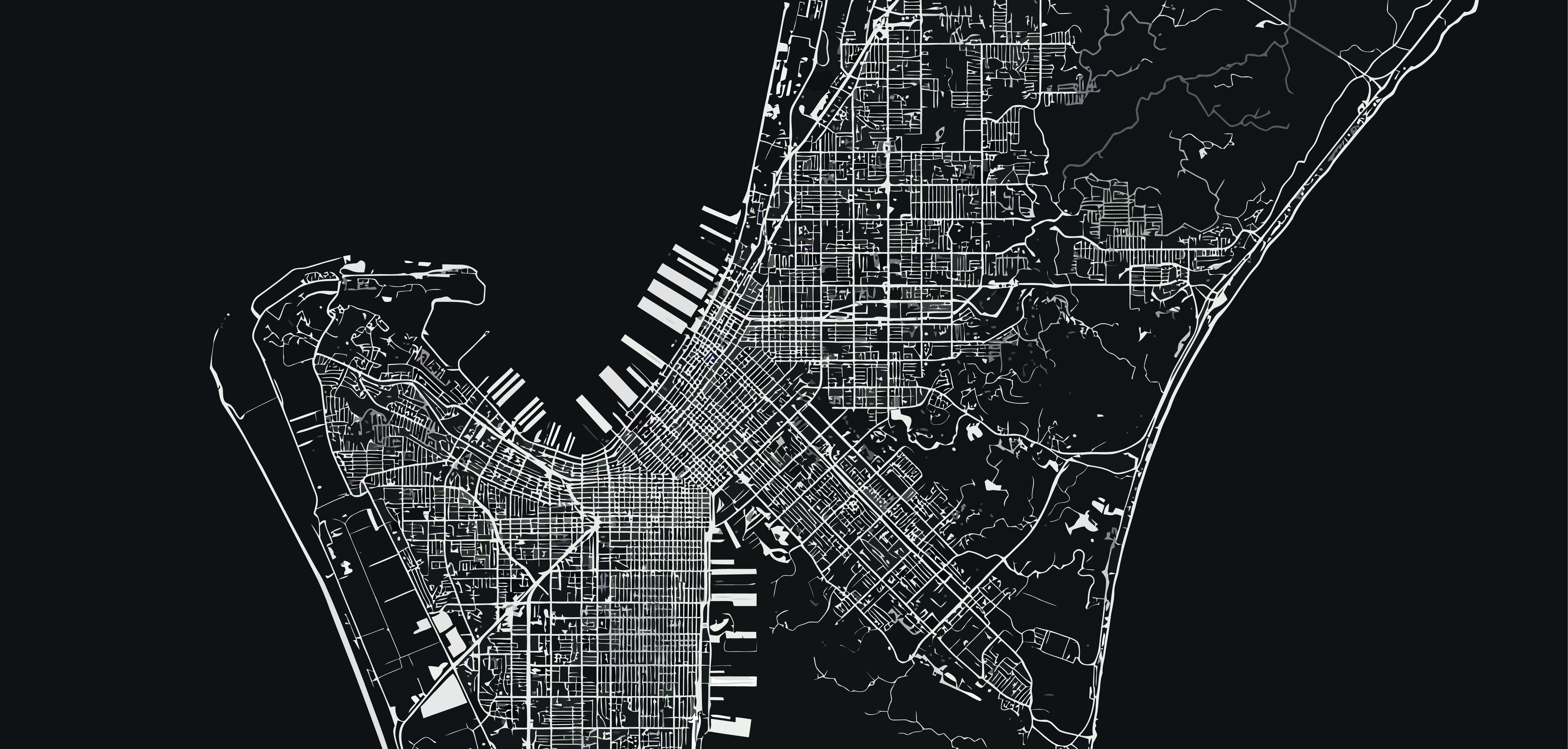 A imagem mostra um mapa estilizado da região de Miami, com ruas e zonas costeiras delineadas em branco sobre fundo escuro. O desenho destaca a malha urbana densa e a área portuária, reforçando a ideia de conectividade — um cenário onde a presença de um data center em Miami se torna estratégica para operações internacionais que dependem de baixa latência e rotas estáveis entre Brasil e EUA.
