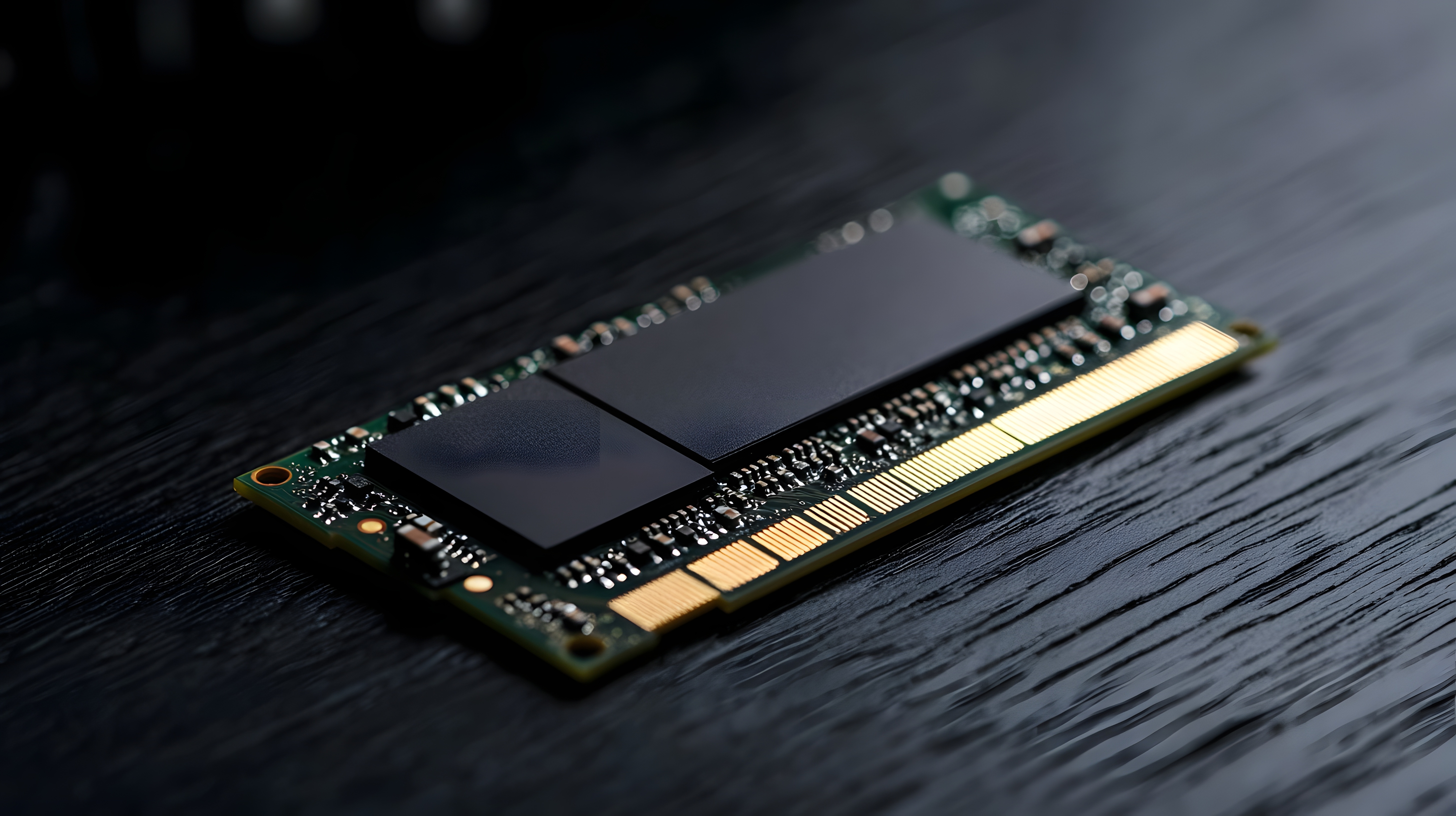 Módulo de SSD NVMe em close sobre superfície preta, mostrando os conectores dourados e componentes eletrônicos do circuito.