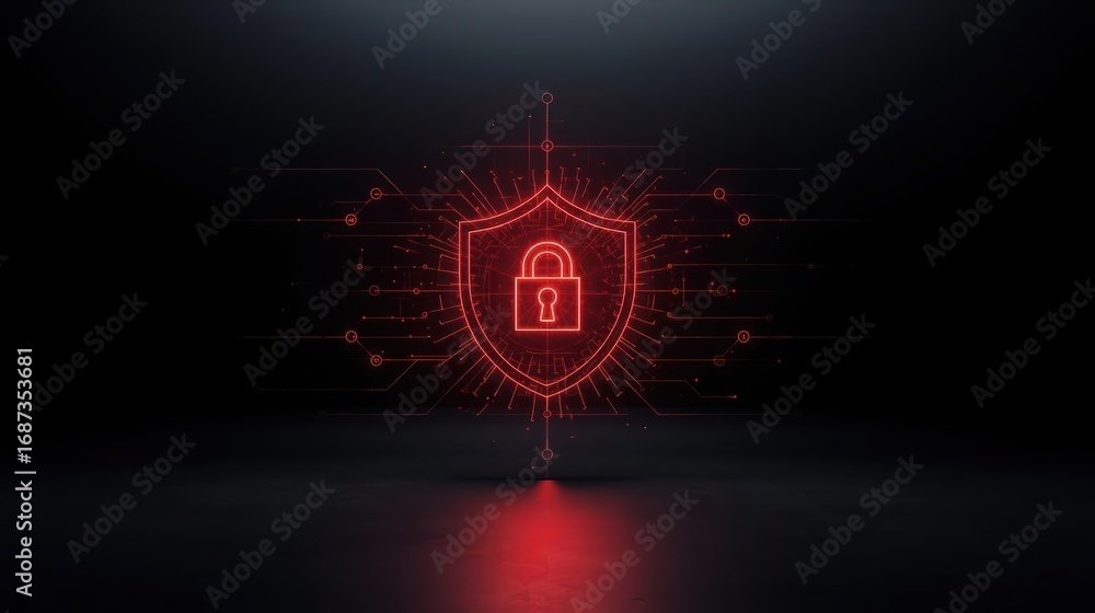 Um escudo vermelho brilhante com um cadeado no centro aparece sobre um fundo escuro, cercado por linhas de circuito digital que representam a segurança de rede e a proteção de dados. A imagem simboliza a confiabilidade do backup e das soluções de disaster recovery e DRaaS em ambientes corporativos.