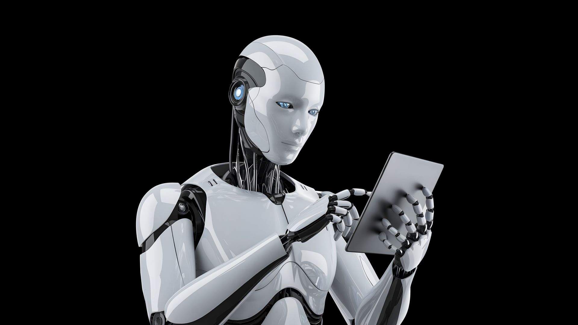 Robô humanoide segurando um tablet em um fundo escuro, simbolizando o avanço da inteligência artificial e a evolução da infraestrutura de TI em 2026.