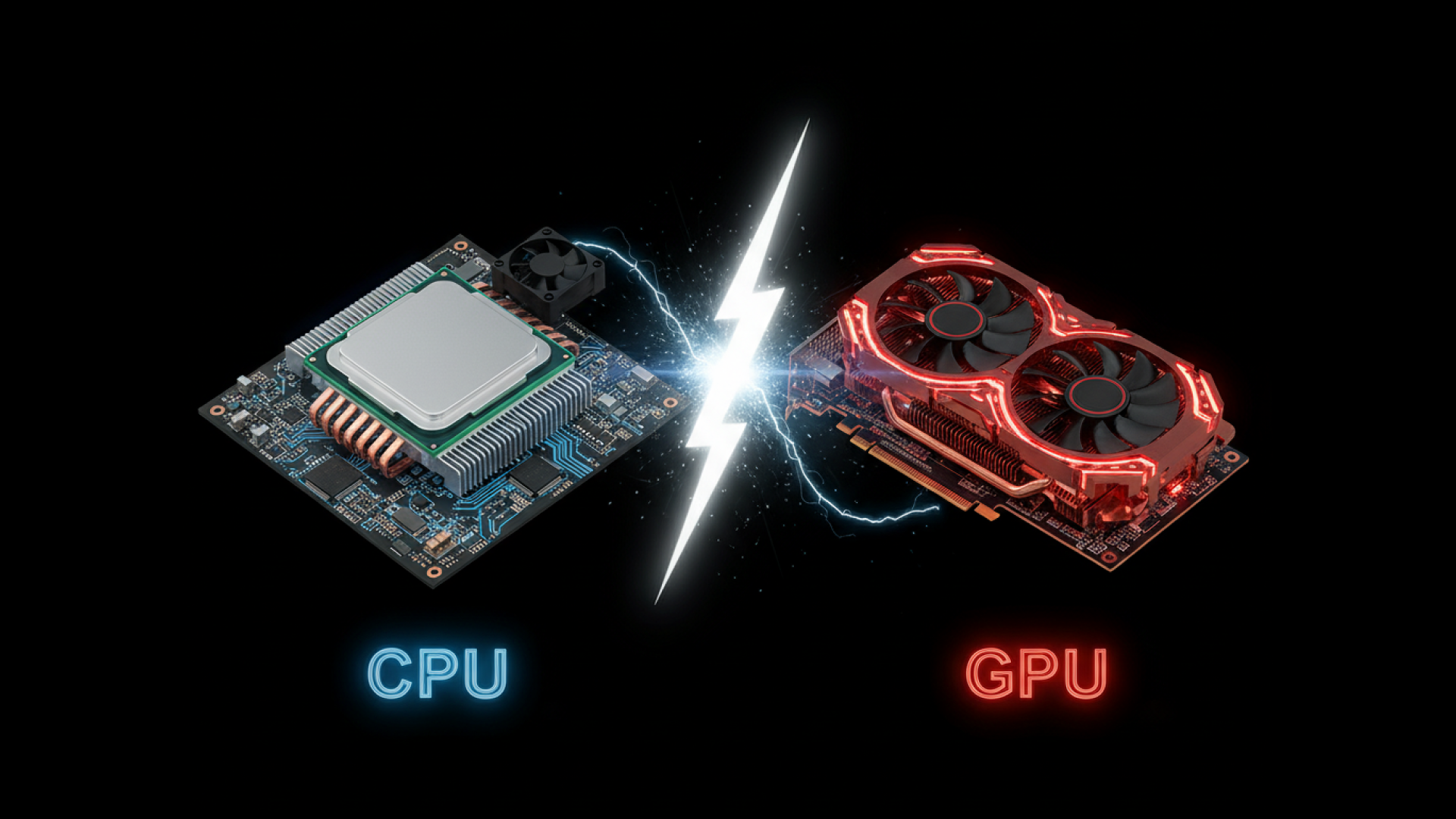 A imagem mostra uma representação visual de um confronto entre CPU (à esquerda) e GPU (à direita). No lado esquerdo, a CPU aparece em tons de azul, montada sobre uma placa-mãe com dissipador de calor e ventilador, simbolizando o processamento central tradicional de um computador. No lado direito, a GPU é exibida em tons de vermelho, com duas ventoinhas iluminadas, representando o poder de processamento gráfico e paralelo. Entre as duas, há um raio de energia branca, sugerindo uma disputa de performance ou comparação direta entre as tecnologias. O fundo é preto, destacando o contraste entre o azul frio da CPU e o vermelho intenso da GPU, reforçando a ideia de dualidade e potência computacional.