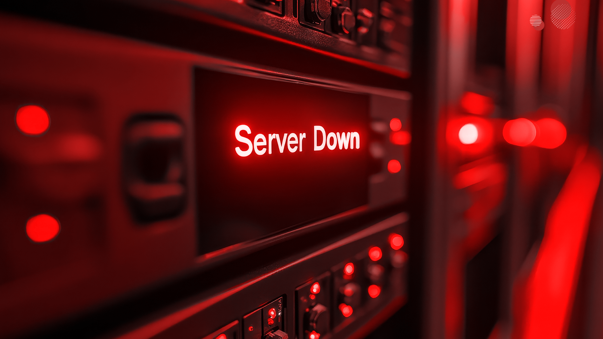 Tela de alerta com a mensagem “Server Down” em um ambiente de data center, ilustrando a importância de failover para infraestruturas de missão crítica.