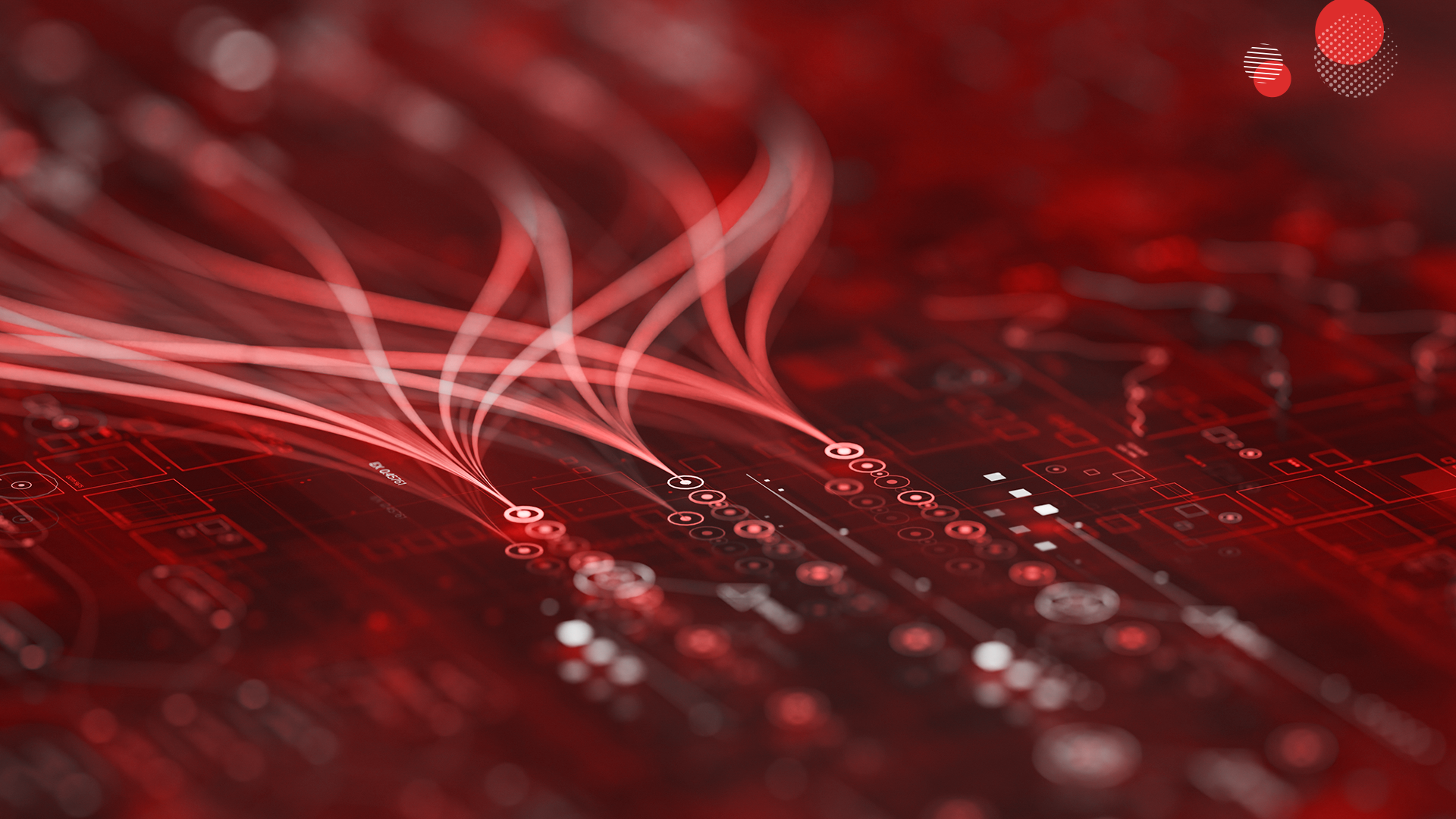 Imagem com fundo em tons de vermelho, mostrando uma placa de circuito e diversos feixes de luz representando fluxo de dados — simbolizando workloads estáticos e dinâmicos na cloud.